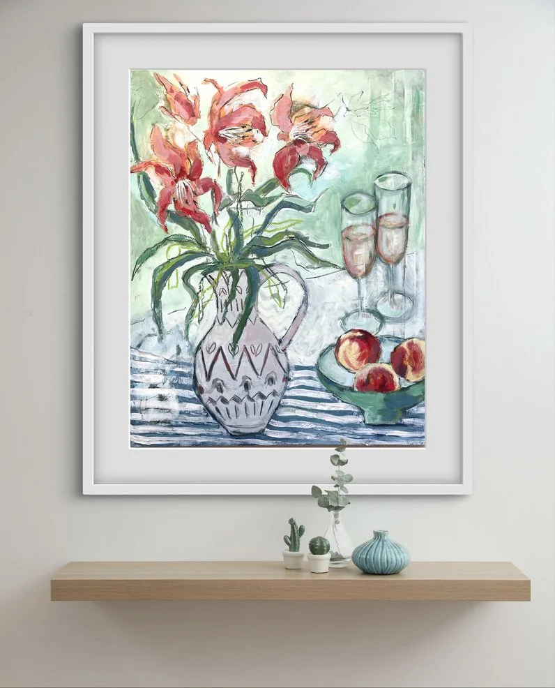 Fresh and pretty floral still life painting with blue striped tablecloth