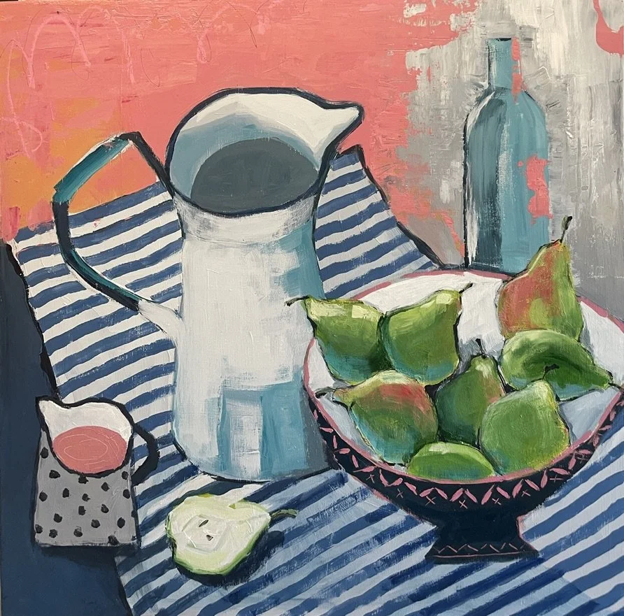 A modern still life painting with an old French pitcher and a dish of pears set against a pink background and a blue stripe tablecloth