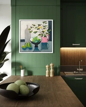 Vibrant, colourful, yet simple and bold, this still life contemporary artwork is shown on a kitchen wall painted green