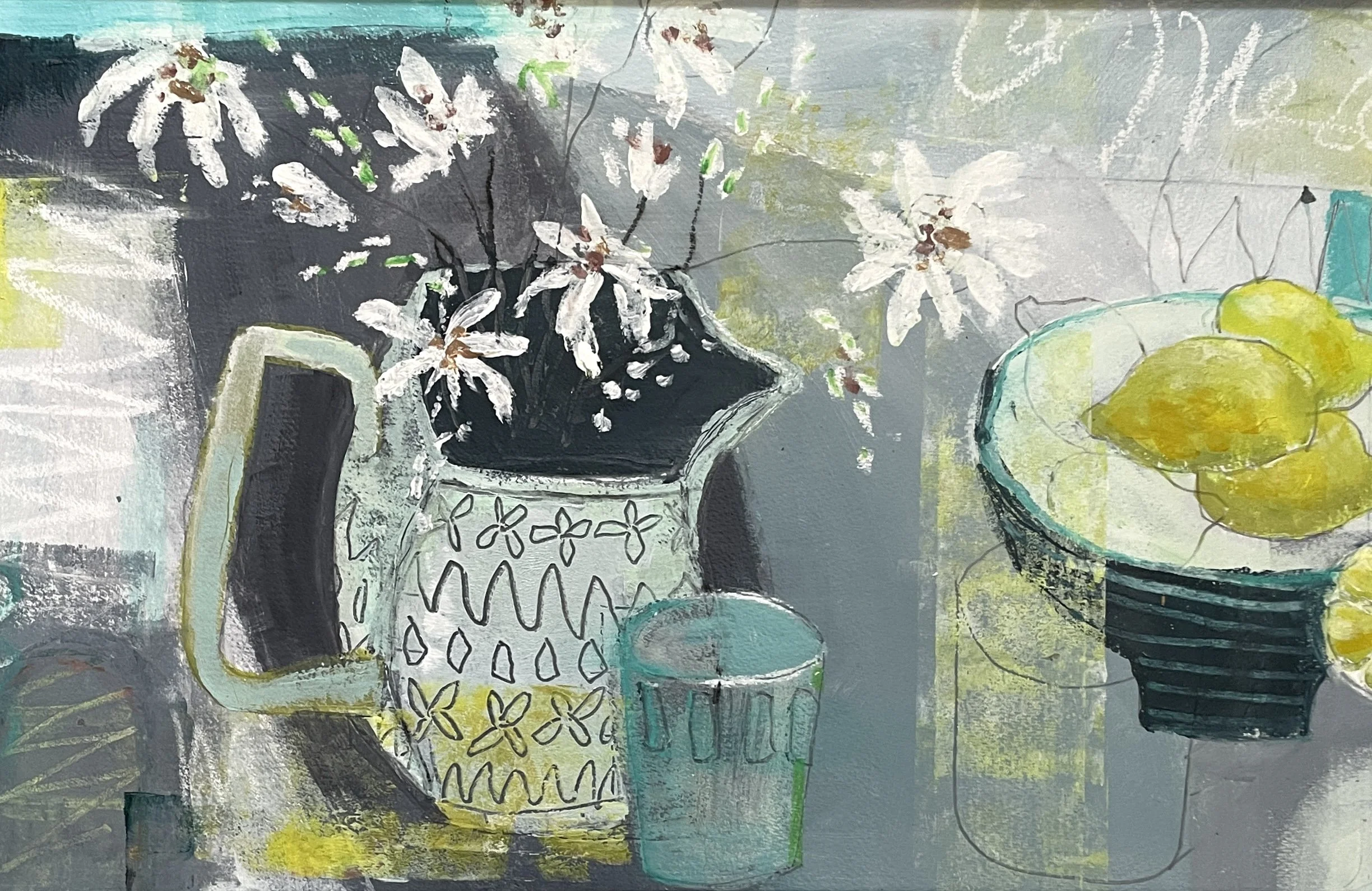 An abstract still life of daisies in a patterned jug, painted in lues and greens