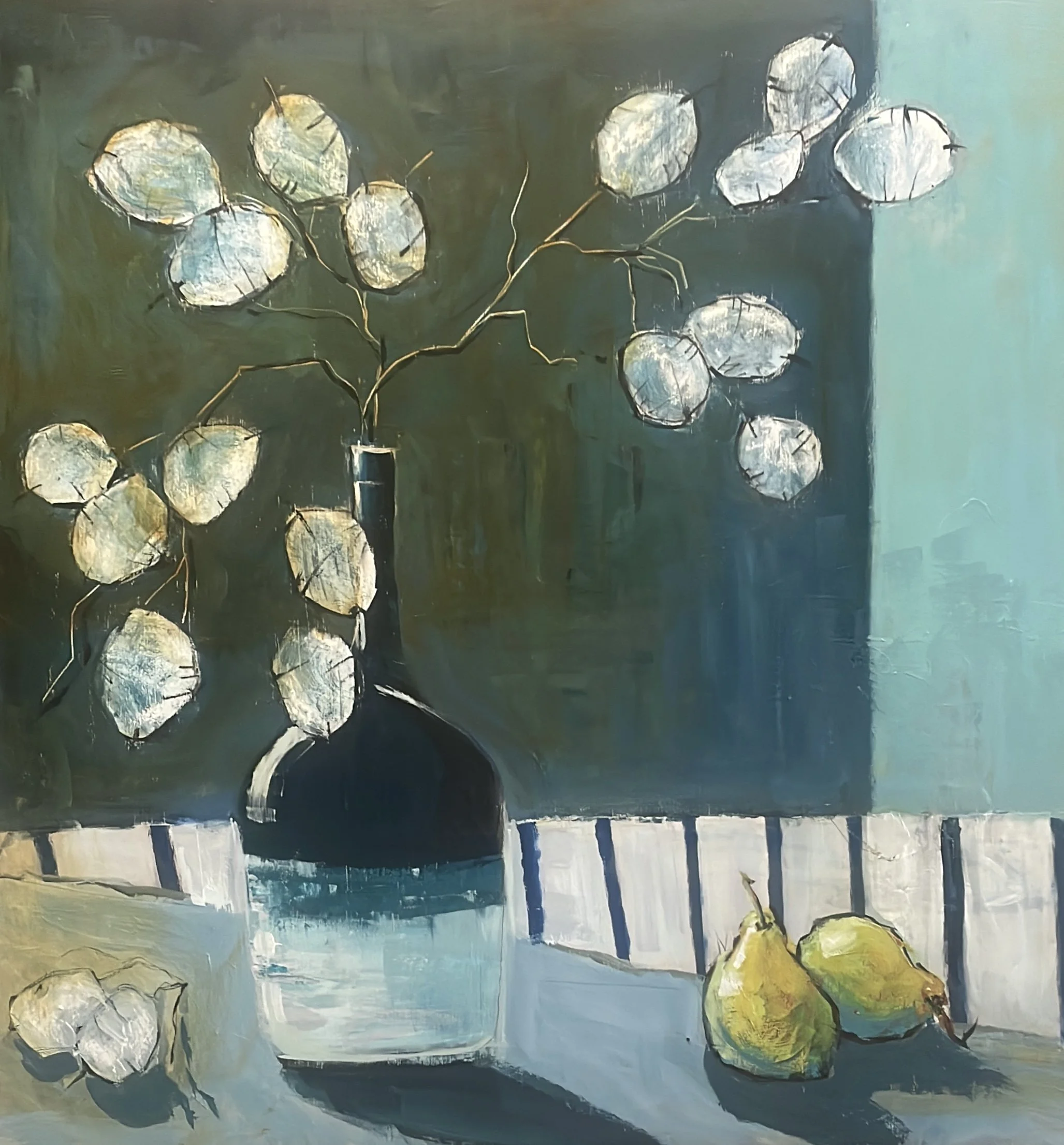 Honestyandpears.jpeg is an elegant still life painting featuring cool blues and a pop of golden yellow