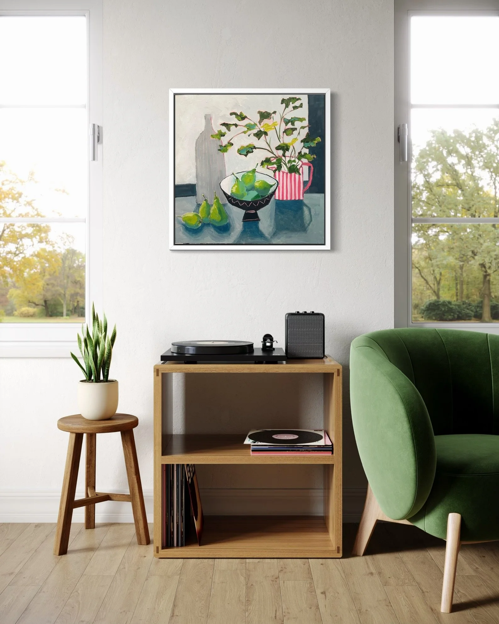 Contemporary still life art shown on the wall of a lounge with modern green chair and bookshelf