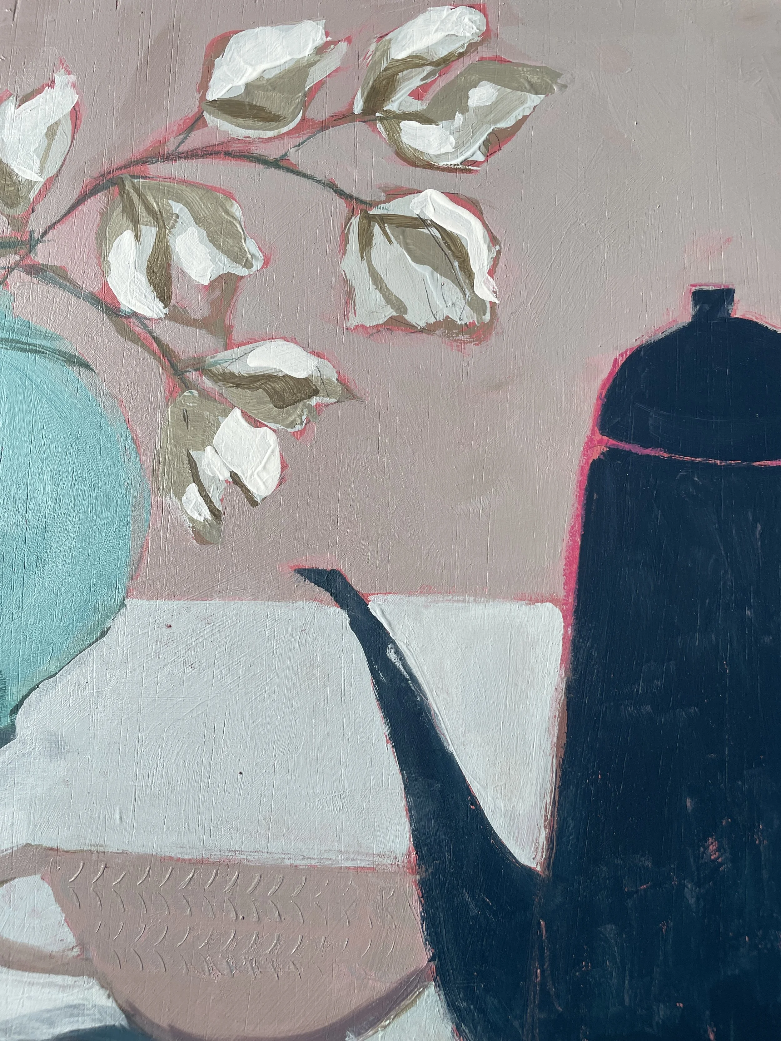 a close up showing the texture of this still life painting of coffee pot and vase of flowers