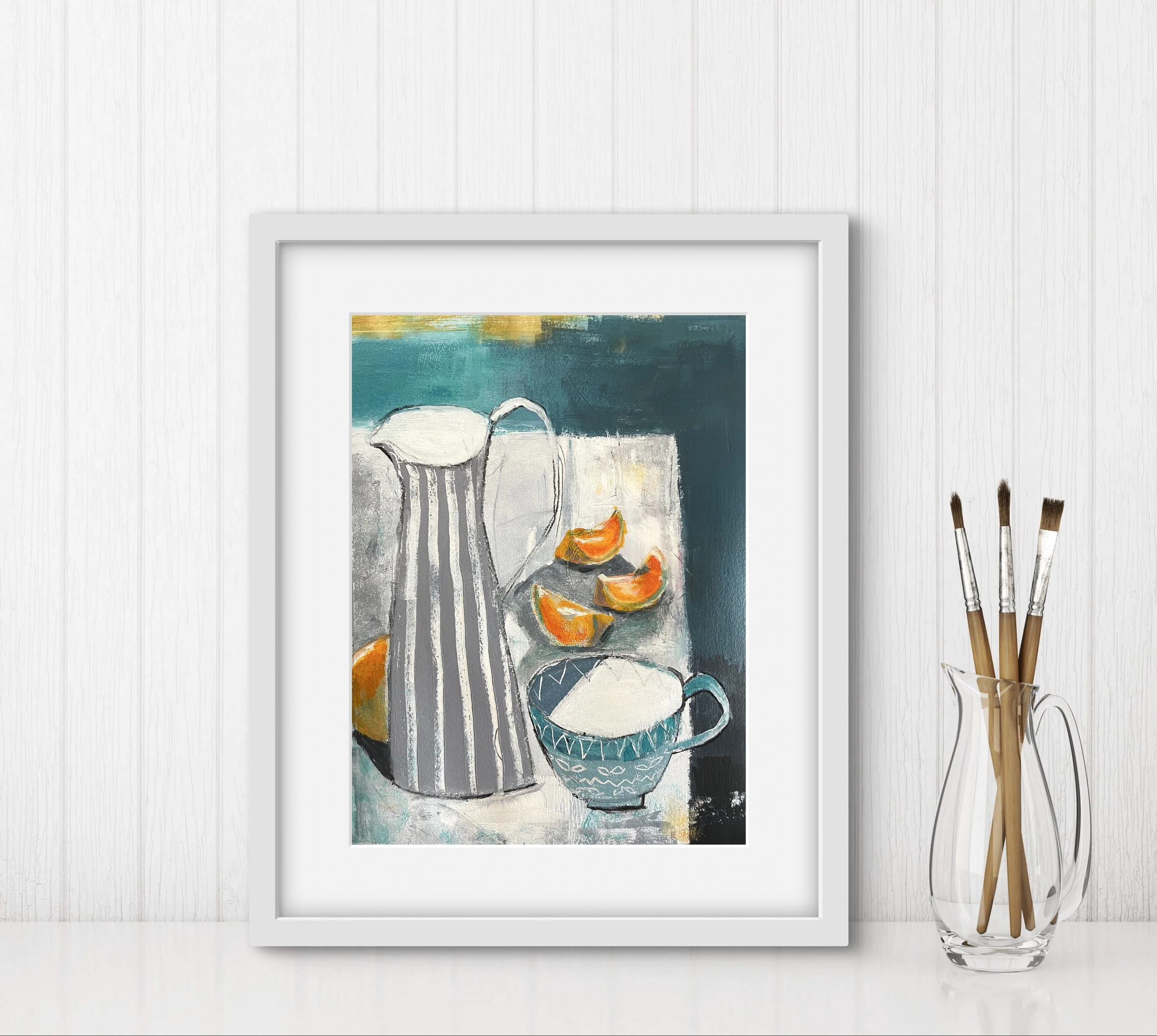 Image of a still life painting set against an interior shot