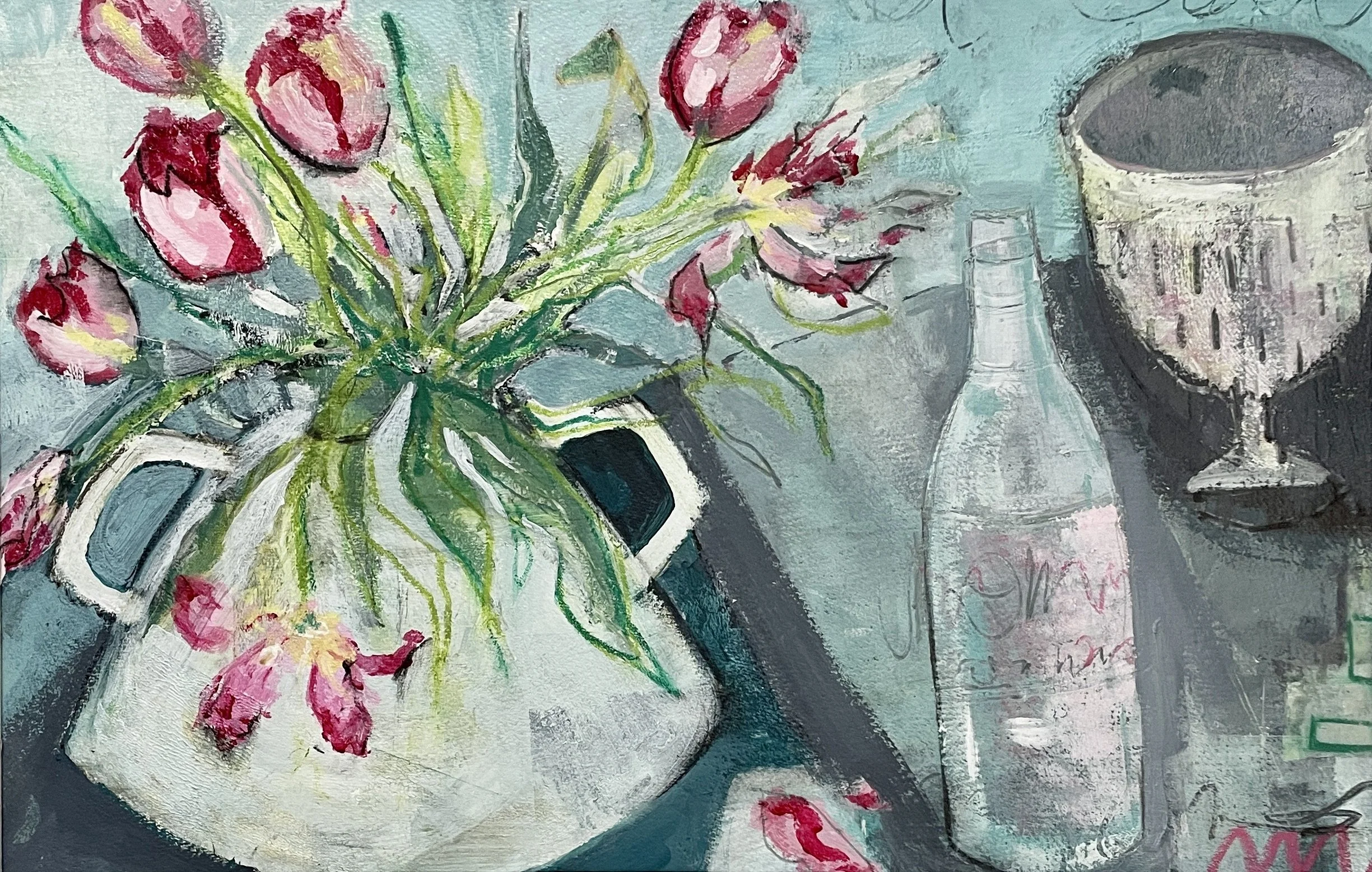 A pretty abstract still life of pink tulips on a soft grey and teal background