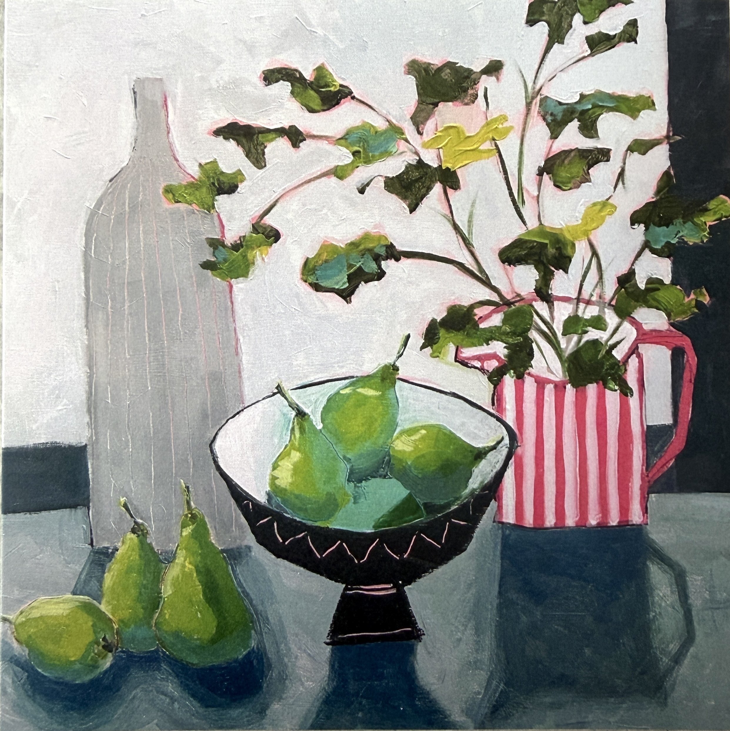 'Pink Stripe Jug and Pears' greetings card