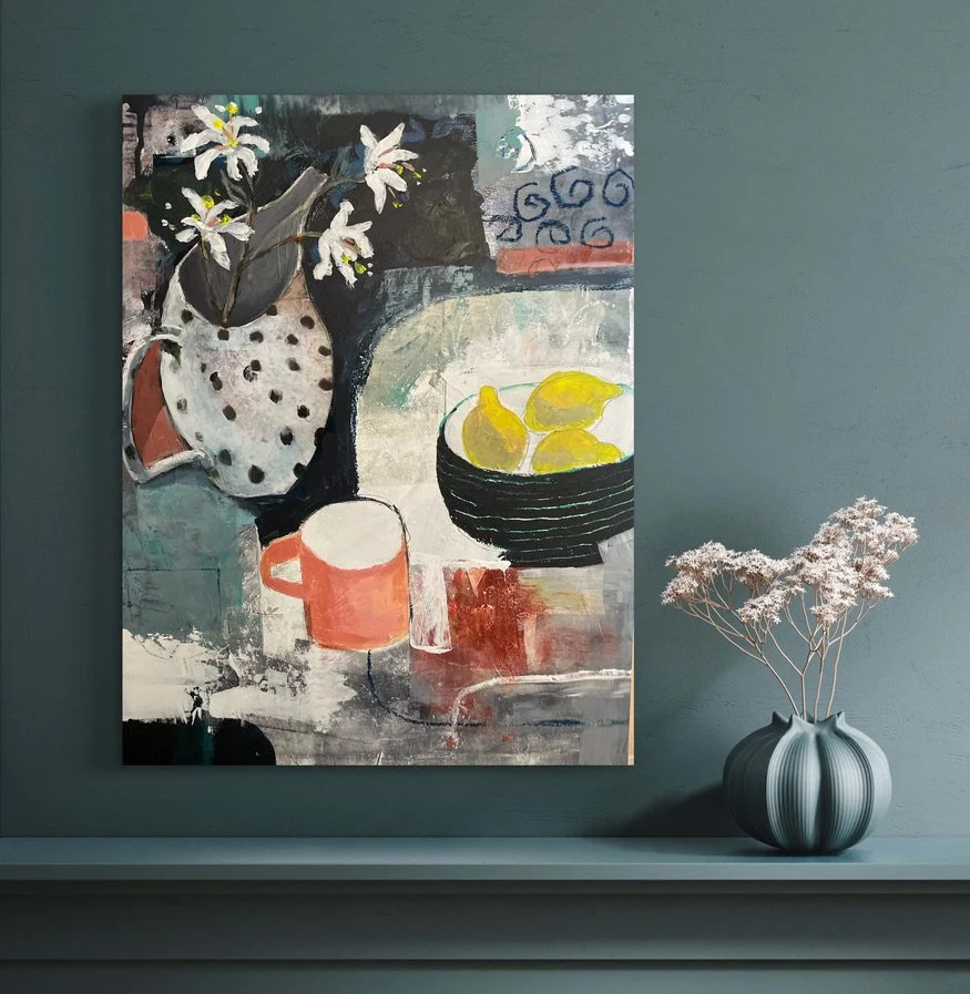 An abstracted painting of a jug and flowers set against a deep greeny blue wall