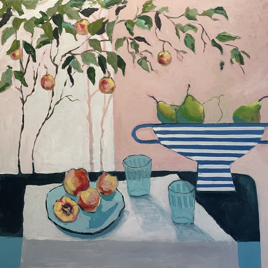 Beautiful painting of ripe peaches  and pears in blue dishes on a table with glasses and a peach tree in the background