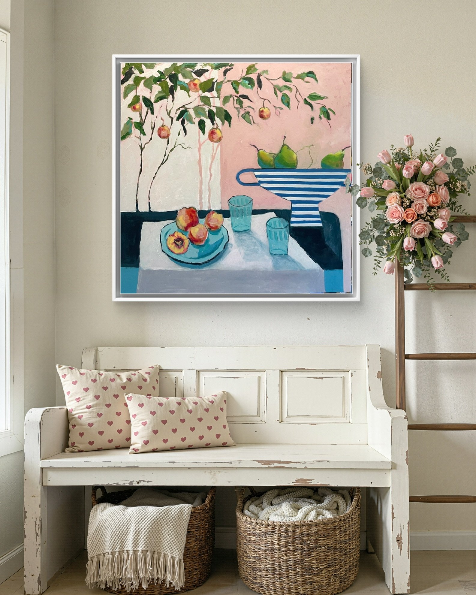A still life painting of peaches and pears on the wall behind a wooden bench
