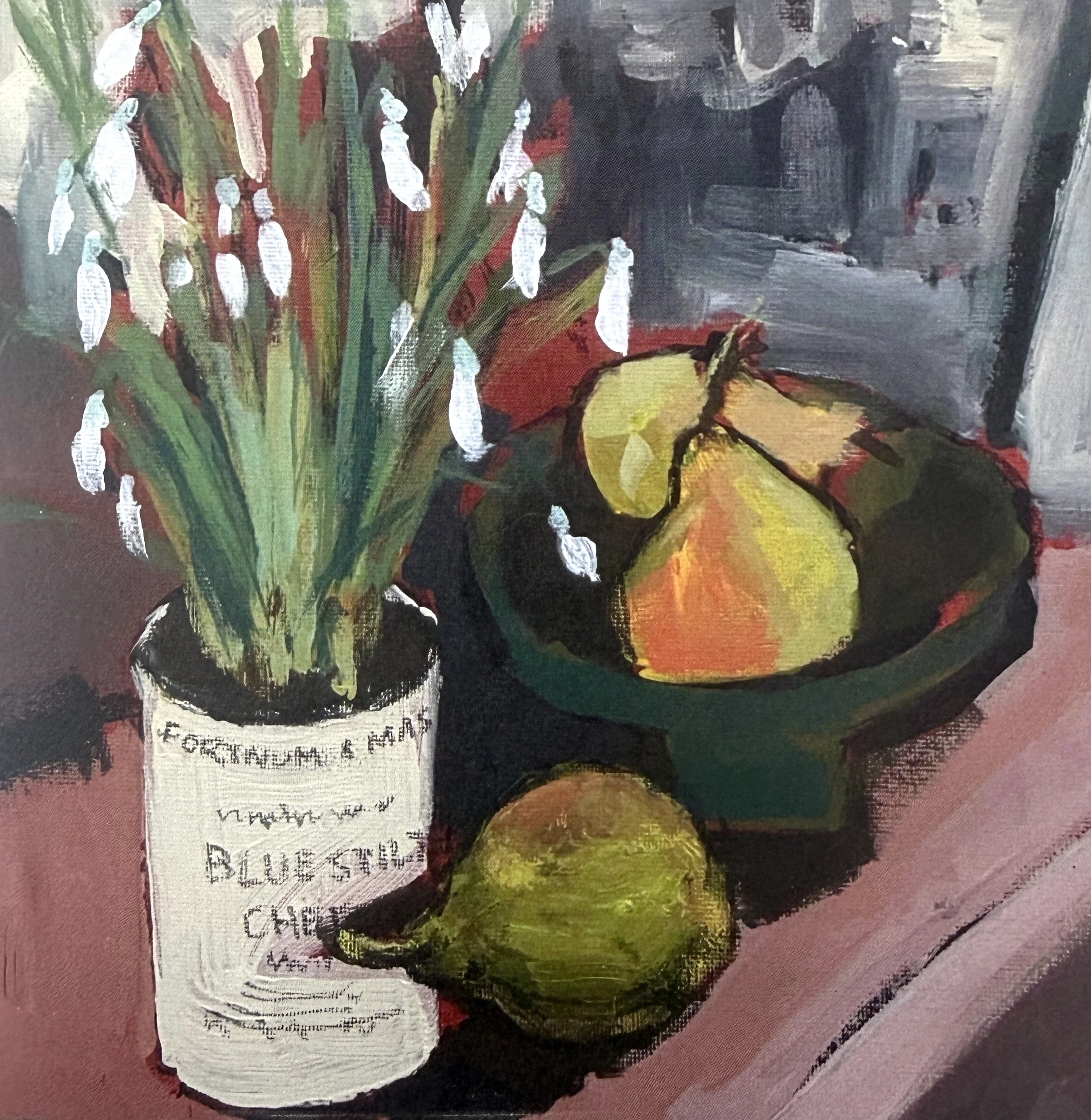 'Old Cheese Pot and Snowdrops' greetings card