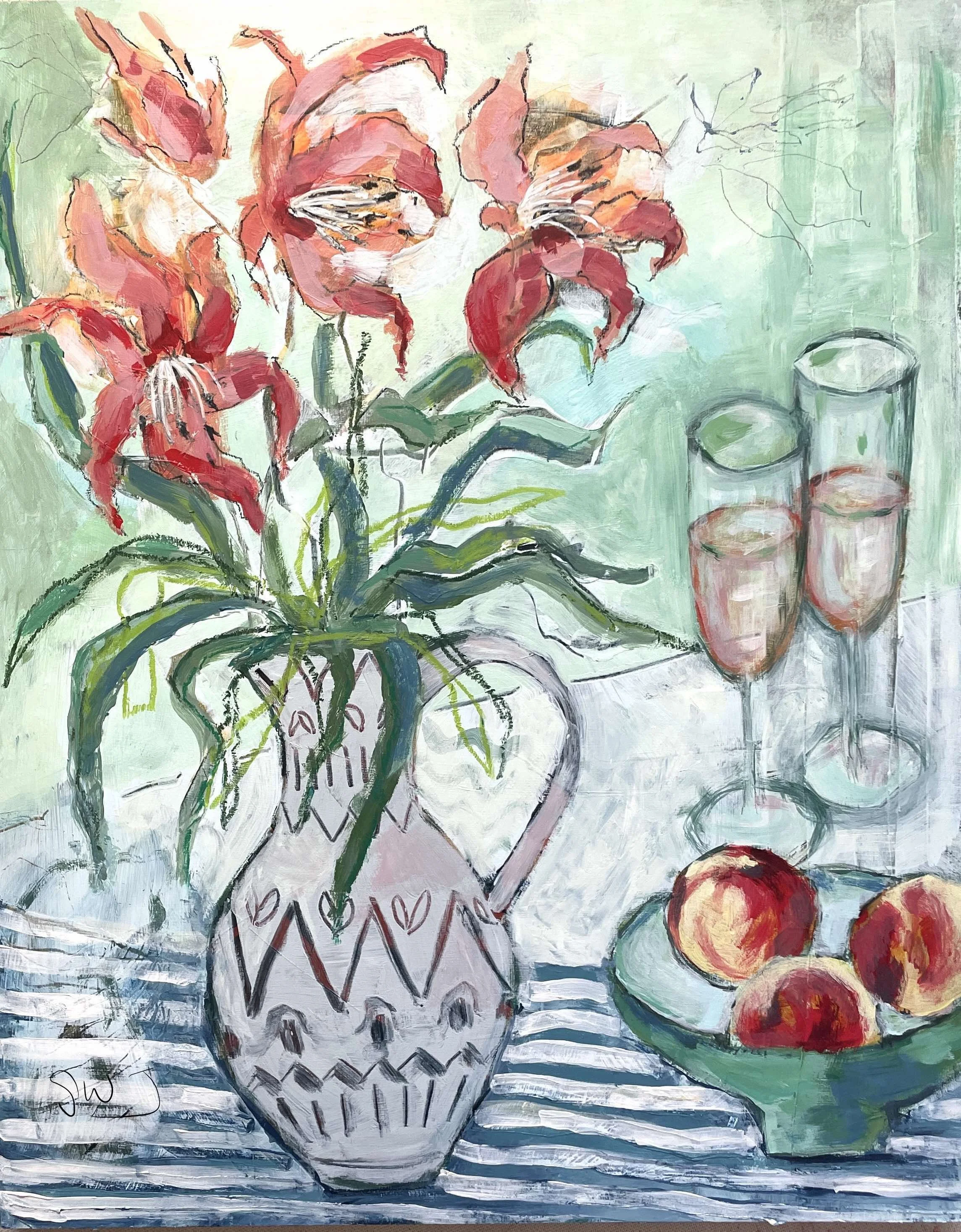 Lilies and Peaches is a beautiful still life floral painting in shades of peachy pink, blue and green