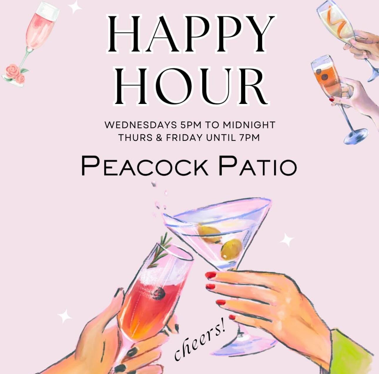 Midweek happiness is just a sip away! 🌈 Join us for a fabulous happy hour that lasts all day, from 5pm to midnight. If Wednesdays aren&rsquo;t your thing, check out happy hour until 7pm on Thursdays and Fridays! 🥂