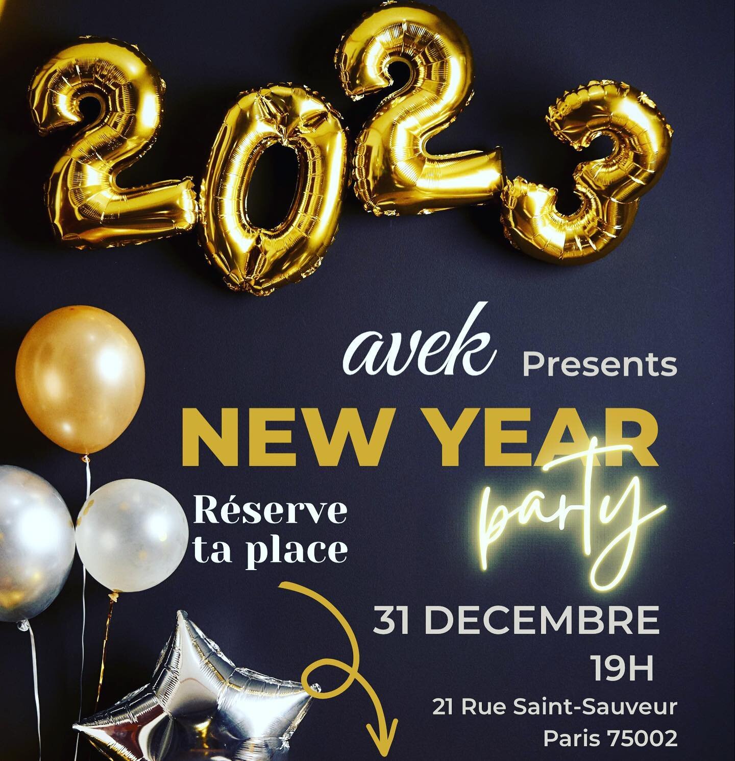 R&eacute;serve ta place !!
www.avekbar.com/NYE 

option 1 100&euro;  open bar !
option 2 60&euro;  4 cocktails
aveK une coupe de champagne !

En route pour une soir&eacute;e d'exception dans un lieu unique sur Paris... Venez faire la f&ecirc;te avec 