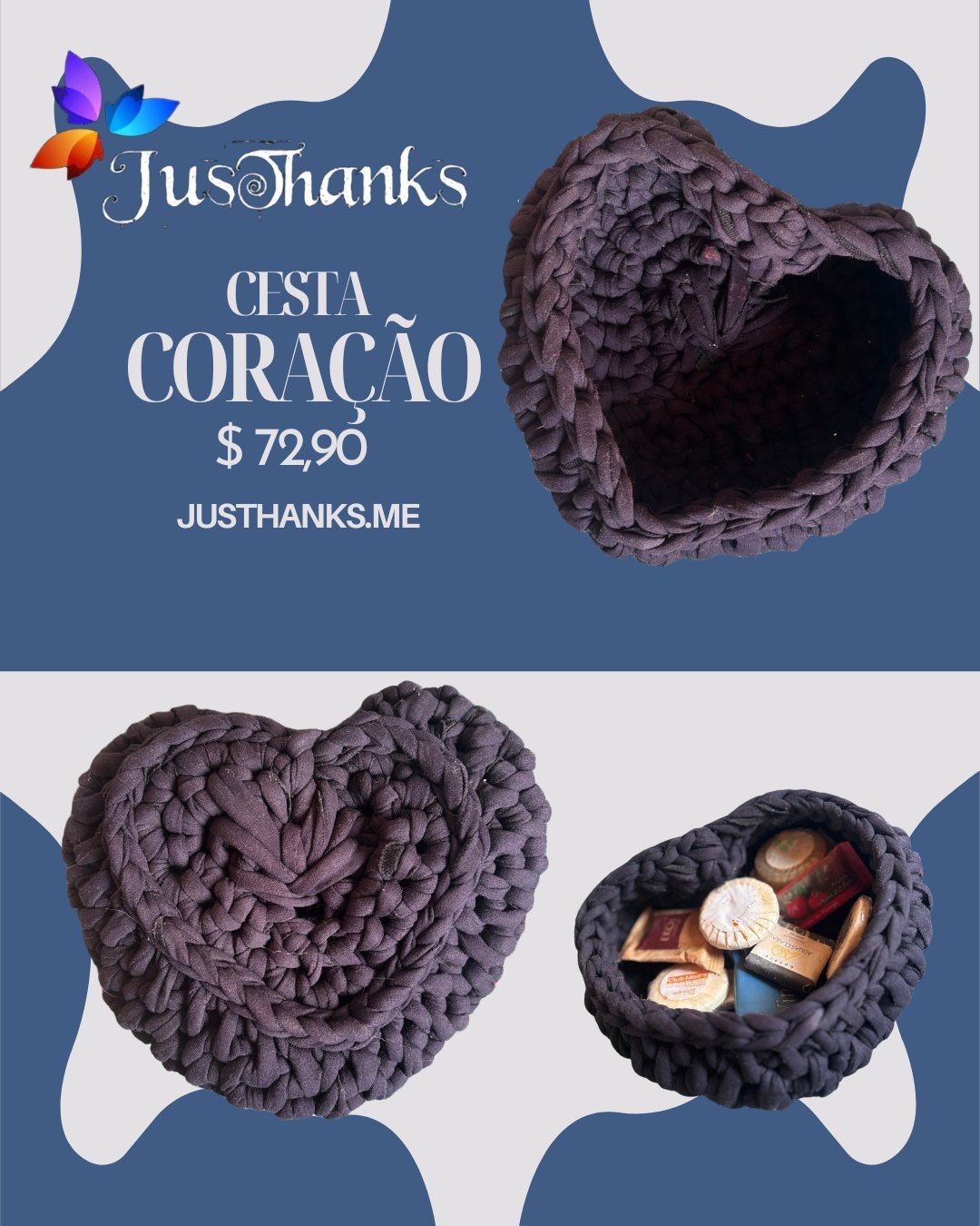 Cesta pequena, feita de fio de malha grosso de tecido reciclado, trançado ou crochetado de forma robusta.
Cesta em formato coração com bordas são arredondadas e bem definidas.
Com textura macia e maleável, mas com