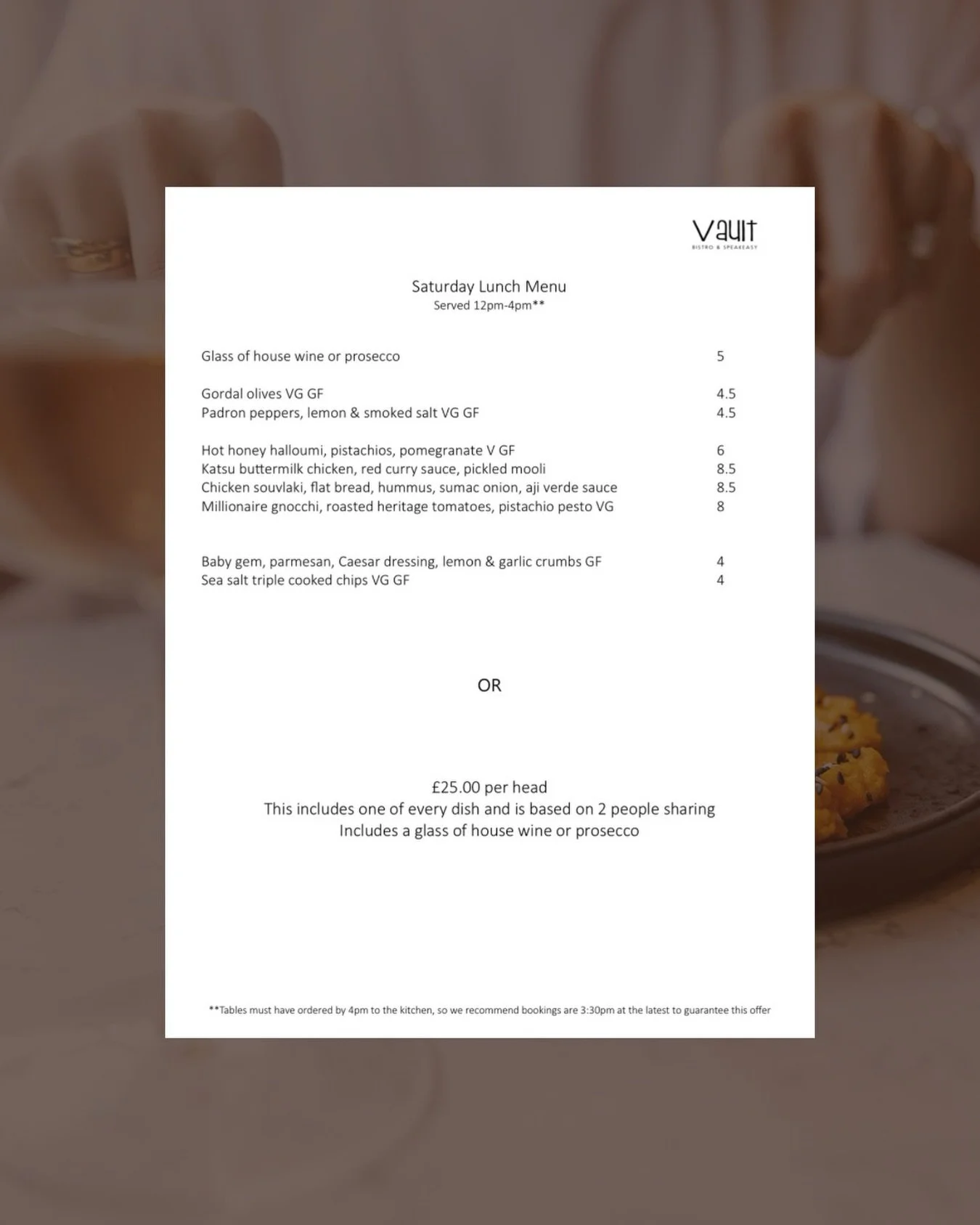 Last minute Saturday plans? Sorted. 🍽️🥂

Join us at Vault today from 12&ndash;4 for our Saturday Set Menu. We&rsquo;ve reduced the prices on all individual dishes, or enjoy the full menu for just &pound;25 per person, including an alcoholic drink.
