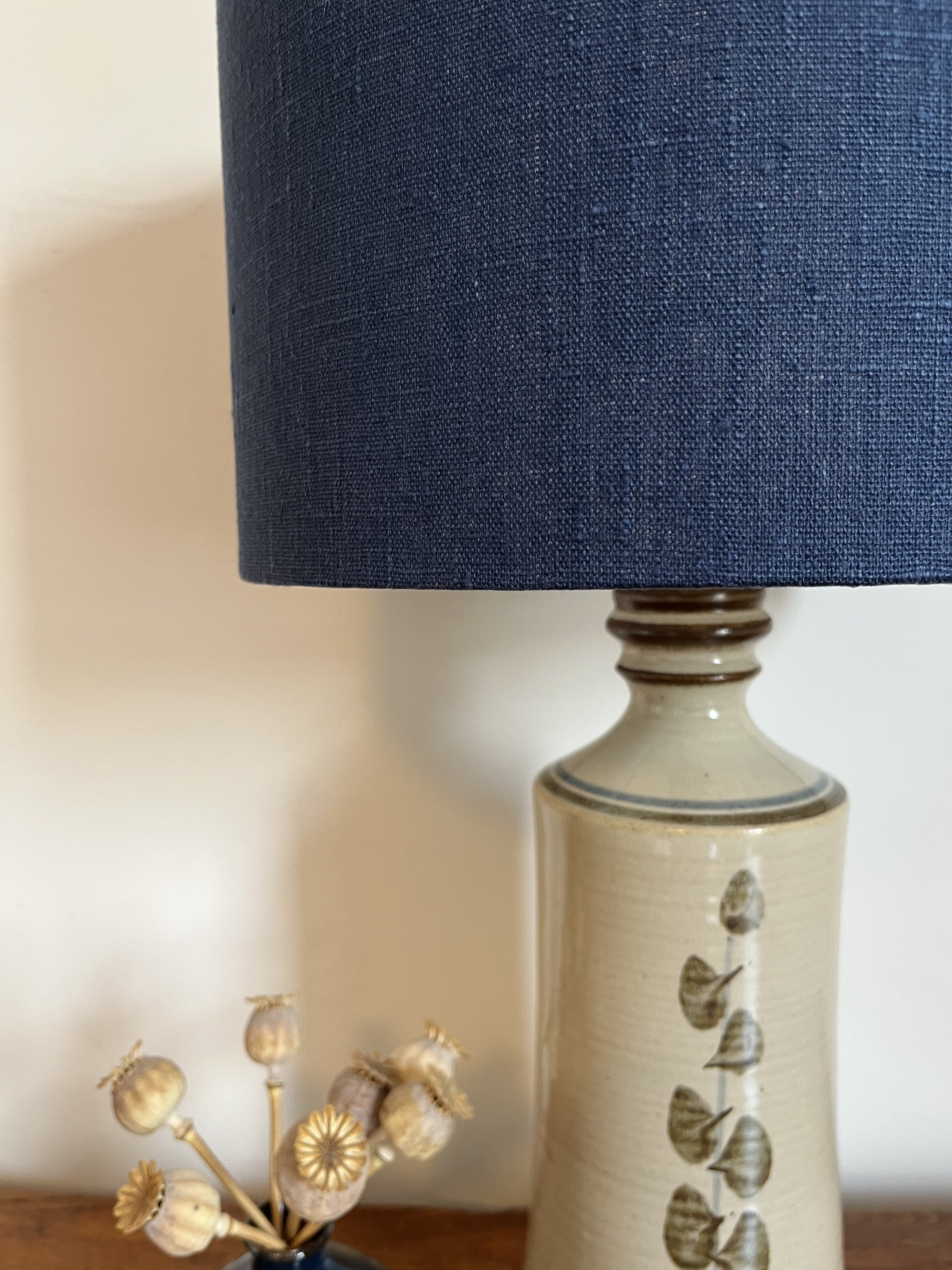 Navy linen lampshade, close up of the texture of the fabric.