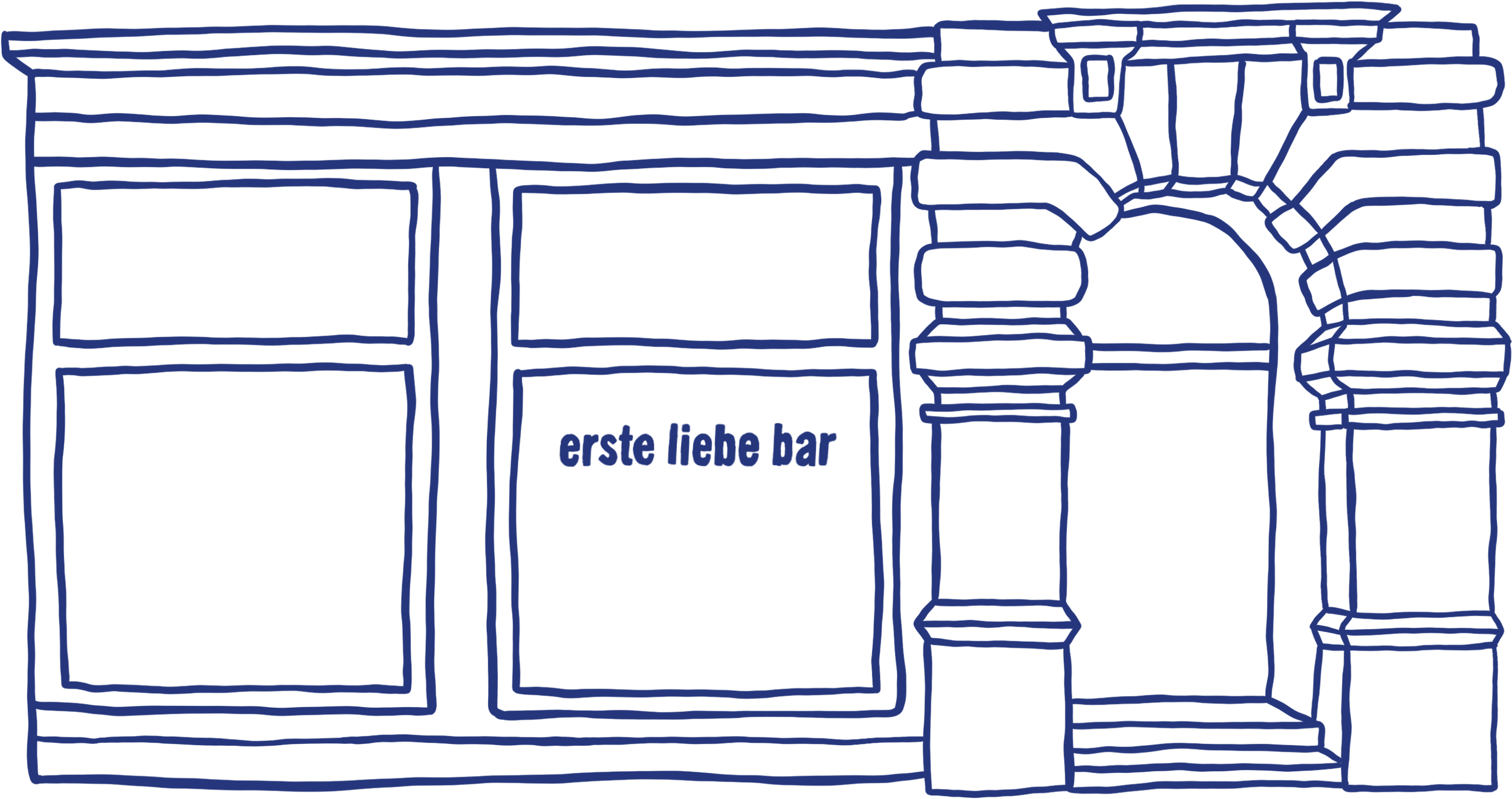 Linienzeichnung eines Bars namens "erste liebe bar" mit Barhocker und Theke