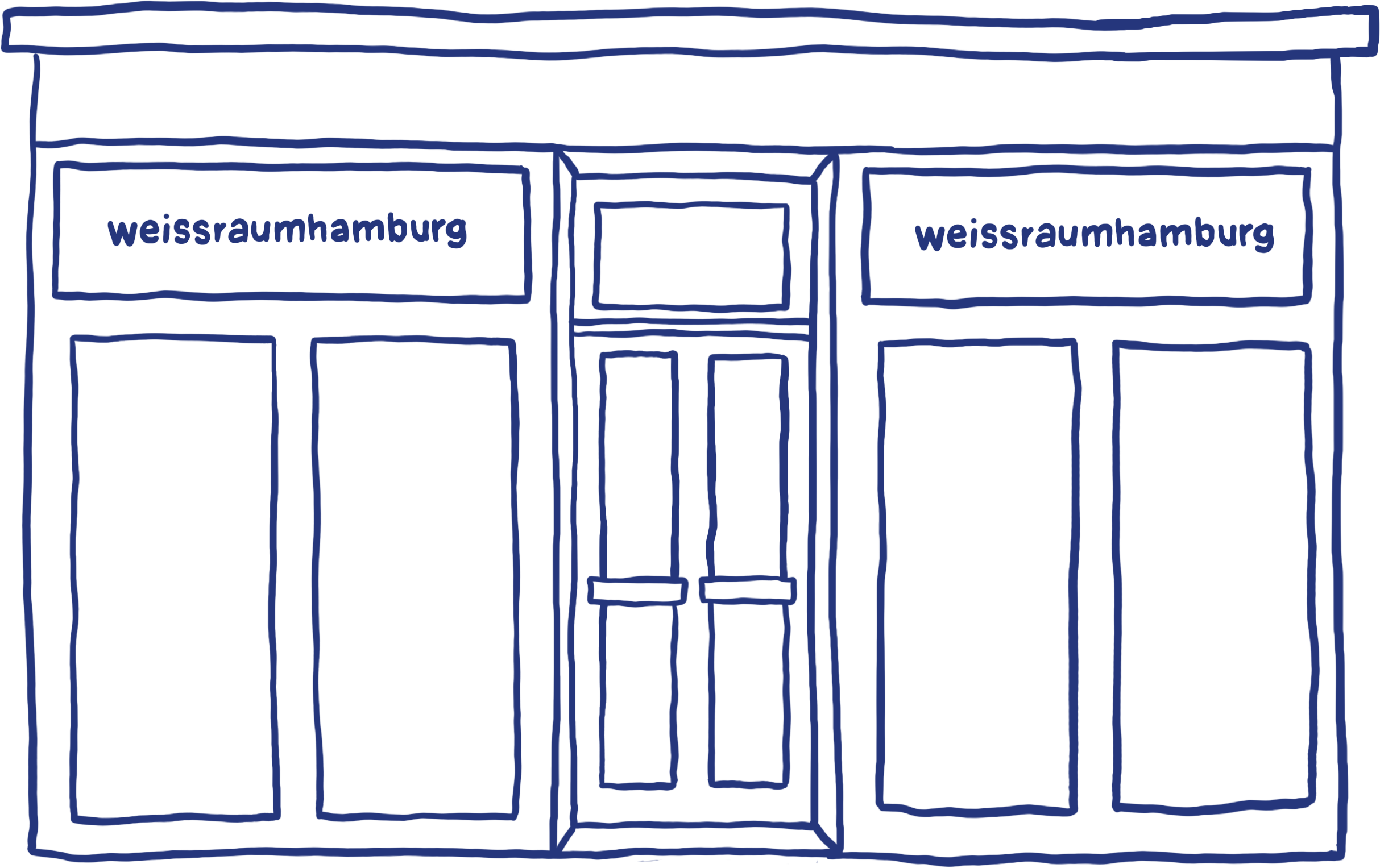 Eine handgezeichnete Skizze eines Gebäudes mit zwei Geschäften, das eine hat die Beschriftung 'weissraumhamburg'.