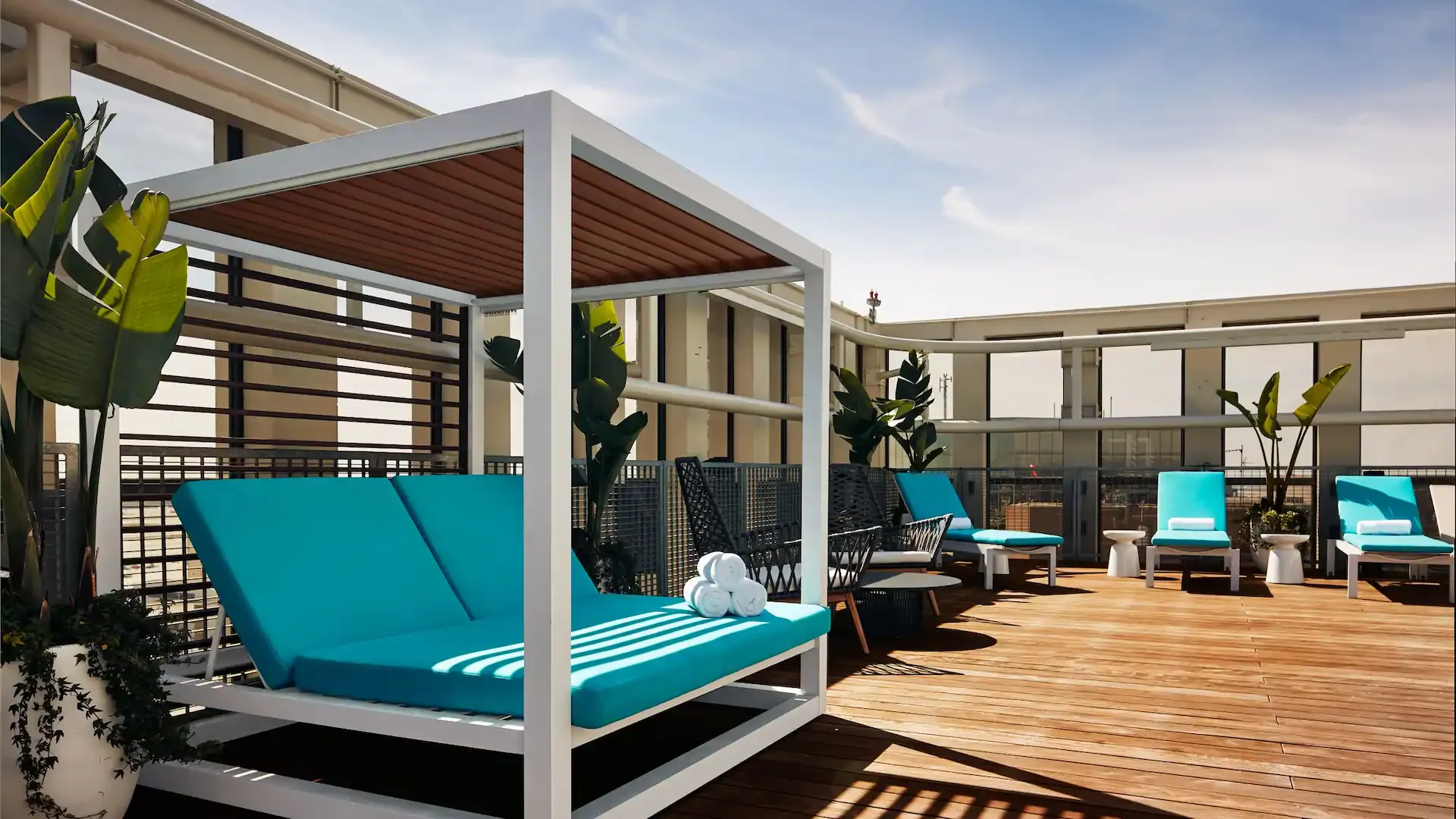 A photo of the pool and cabana area at The Hyatt Place Hyatt House Hotel near the LAX Airport in Los Angeles, CA.