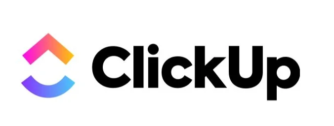 ClickUp logo with colorful arrow icon and black text on a white background.