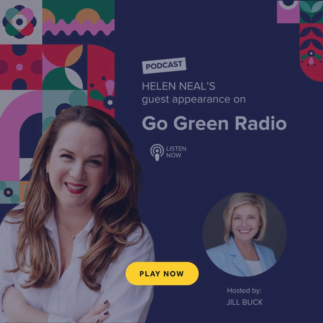 Promotional graphic for a podcast episode featuring Helen Neal as the guest, discussing 'What brands get catastrophically wrong when they talk about sustainability.' 