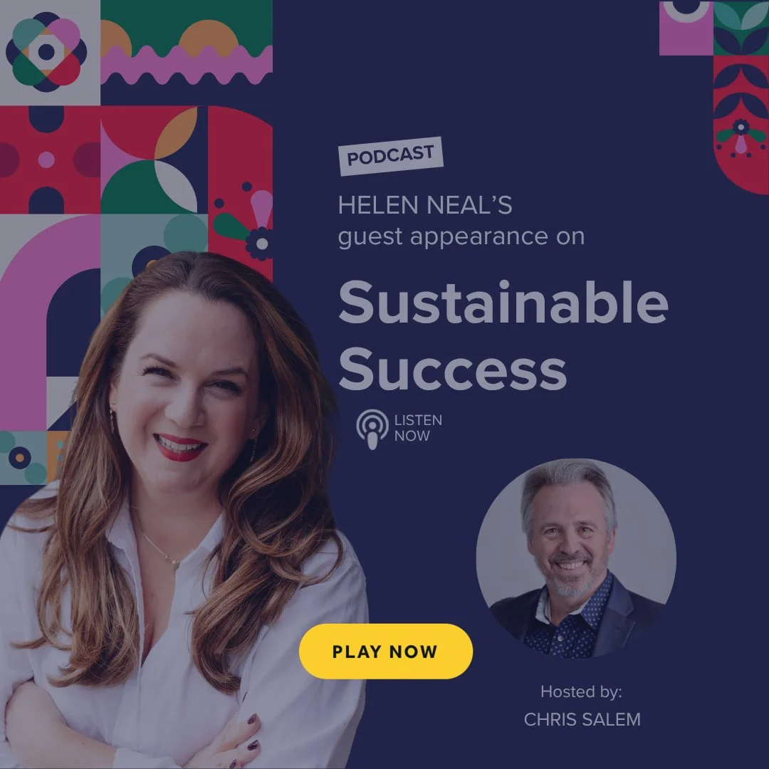Promotional graphic for a podcast episode featuring Helen Neal as the guest, discussing 'Why Traditional Marketing Creates Greenwashing Risk in Sustainability.' 