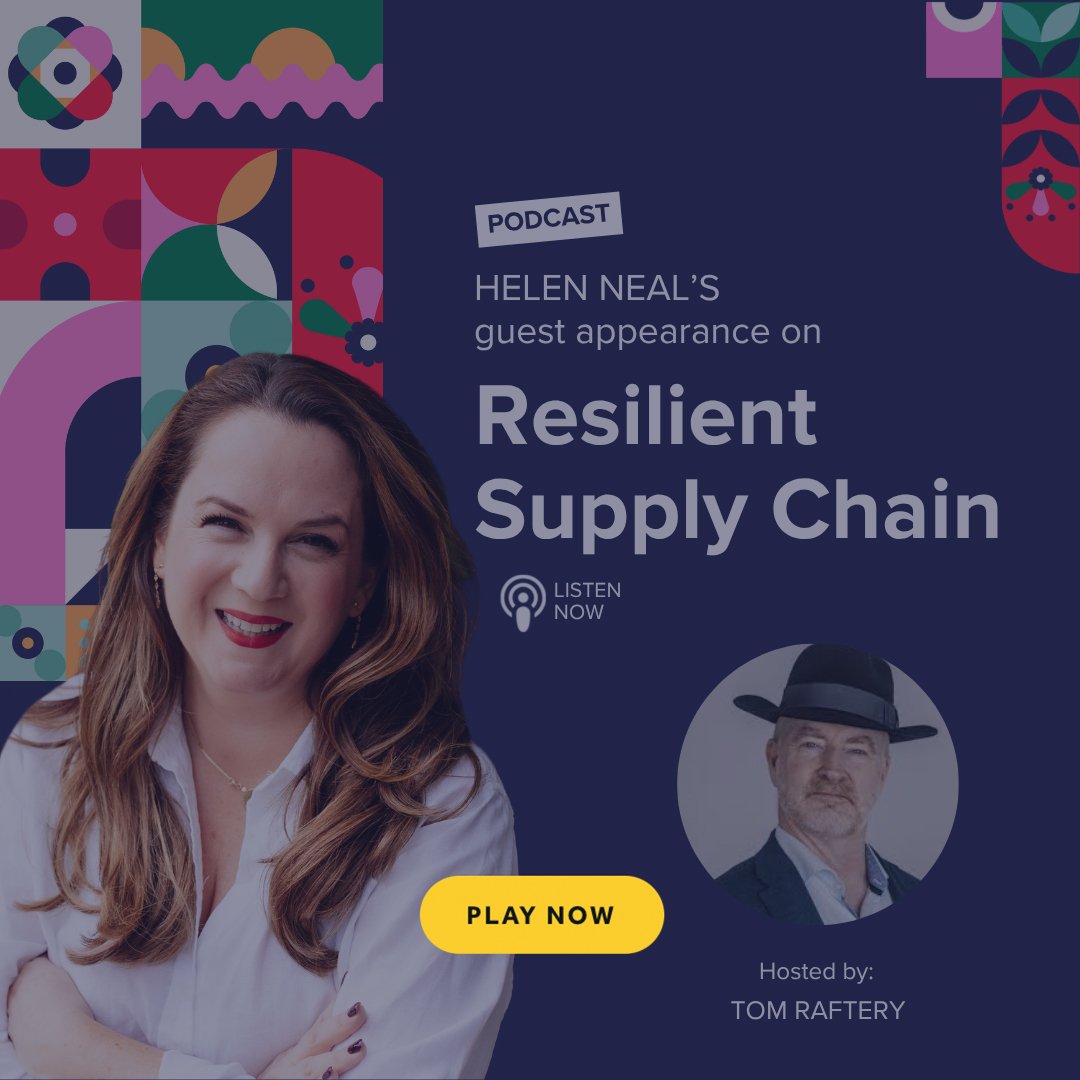 Promotional graphic for a podcast episode featuring Helen Neal as the guest, discussing 'Transforming your business in the age of AI." 