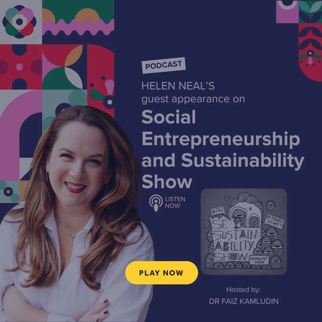Promotional graphic for a podcast episode featuring Helen Neal as the guest, discussing 'Why Good Sustainability Communication Matters.' 