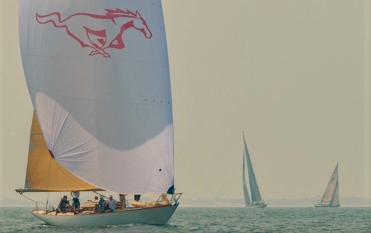  mustang with spinaker set sailing down wind.  
