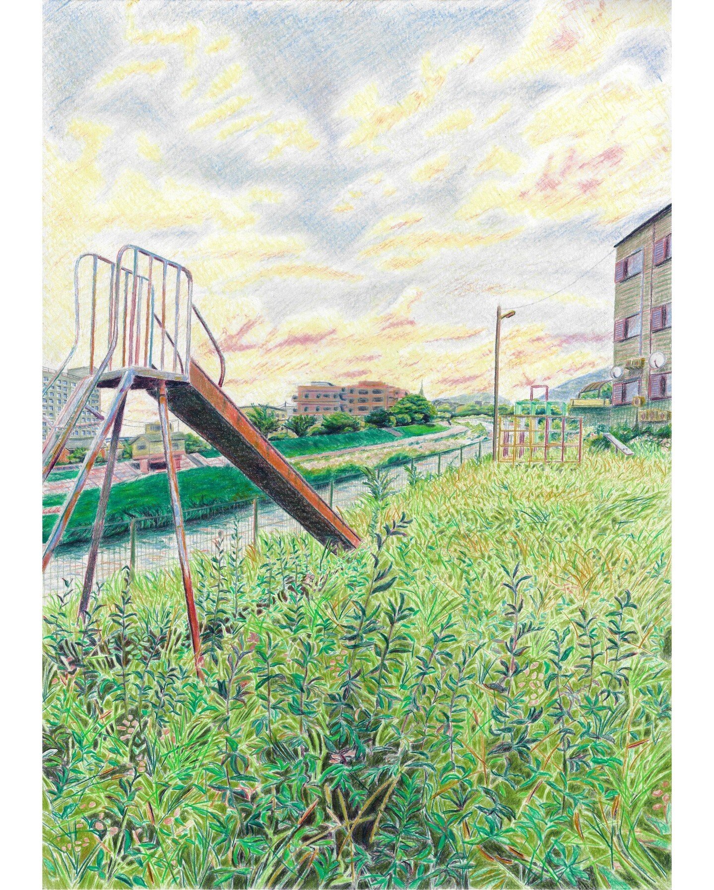 Last but not least, here is 'Japan 6' (45x63cm framed), the final one in this particular Japan triptych. The empty/overgrown playground might be in danger of being a bit contrived, but I don't think its supposed to be about 'youth lost' or anything l