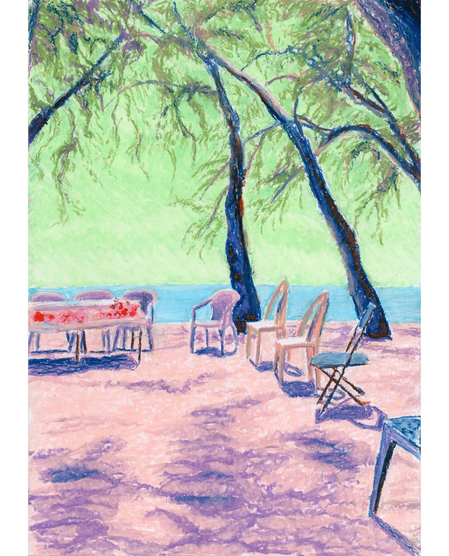 This is called 'Mauritian Wedding.' Oil pastels on paper.

We had a little beach wedding celebration in Flic en Flac, Mauritius last year. The chairs were all laid out, table was set and the trees gave some lovely shade for a party.

#oilpastels #col