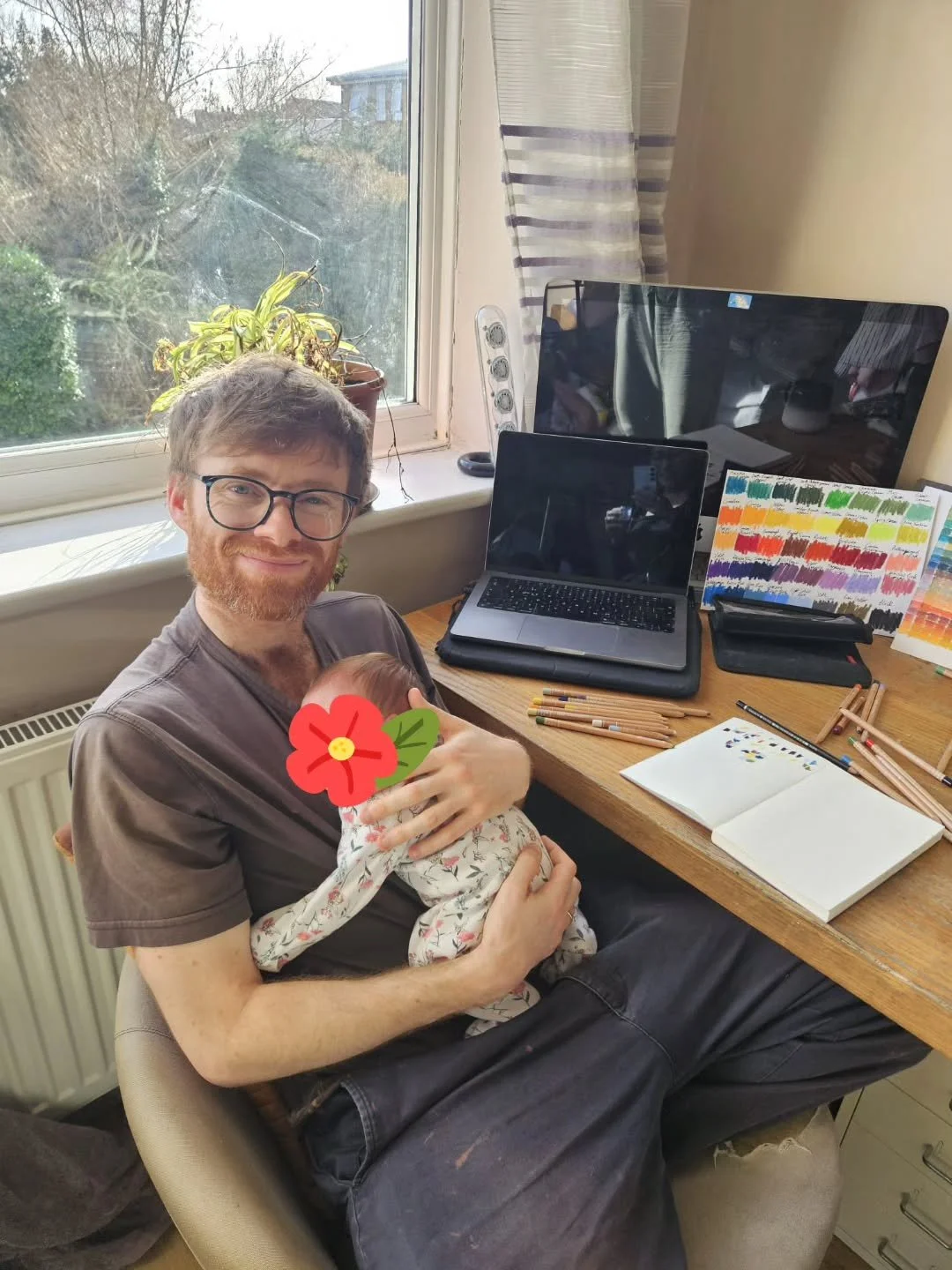 Setting up a mini art studio at home and learning how to sketch whilst holding a newborn AKA Rosalie.