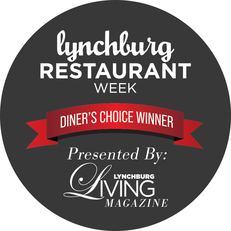 A circular badge with a black background that reads "Lynchburg Restaurant Week" at the top. Below, it says "2023 Diner's Choice Winner" and "2024 Diner's Choice Winner" on red ribbons. At the bottom, it says "Presented by: Lynchburg Living Magazine."