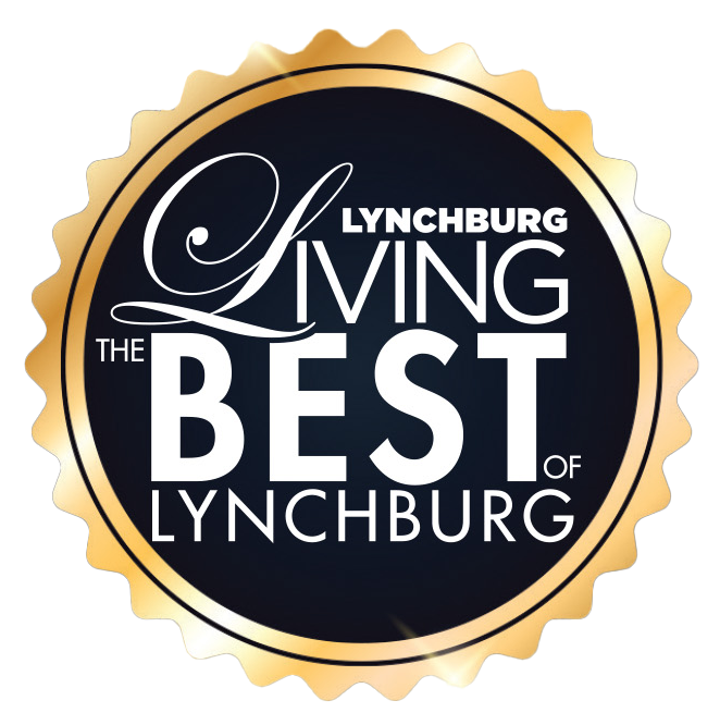 An award badge with a gold star and black circular center celebrating the best of Lynchburg in 2025.