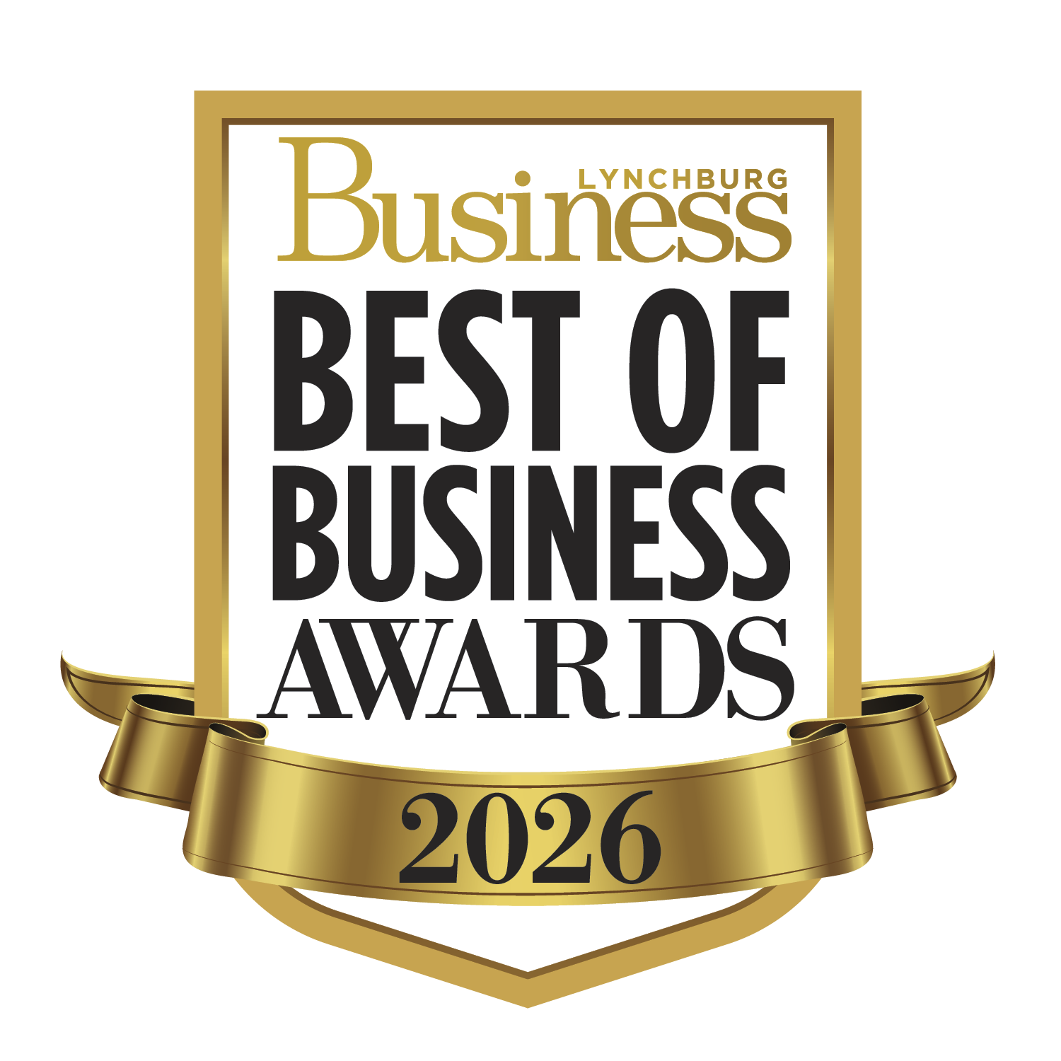 Poster for the 2026 Lynchburg Business Best of Business Awards, featuring gold ribbons and a black background.