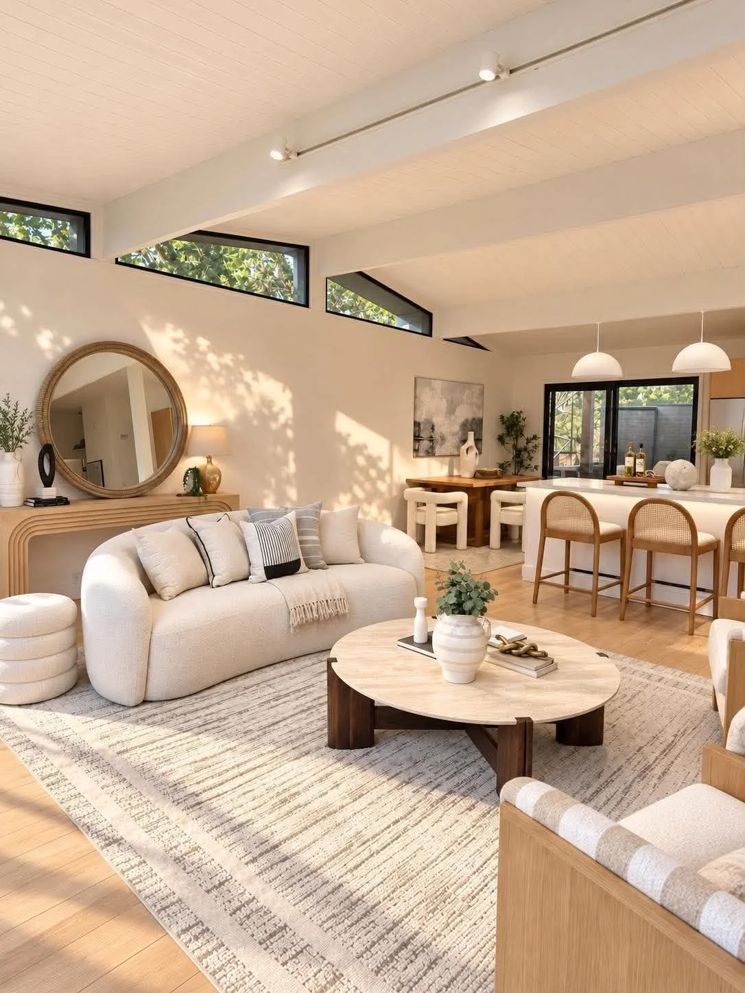 Partial home staging in Bellevue, WA, featuring a bright modern living room with neutral furnishings and natural wood accents by White Harmony Design & Staging.