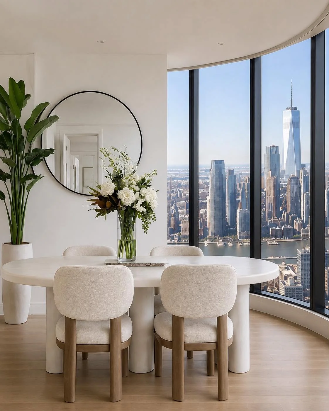 Luxury home staging in New York featuring a modern Manhattan dining room with neutral furniture and panoramic city views.