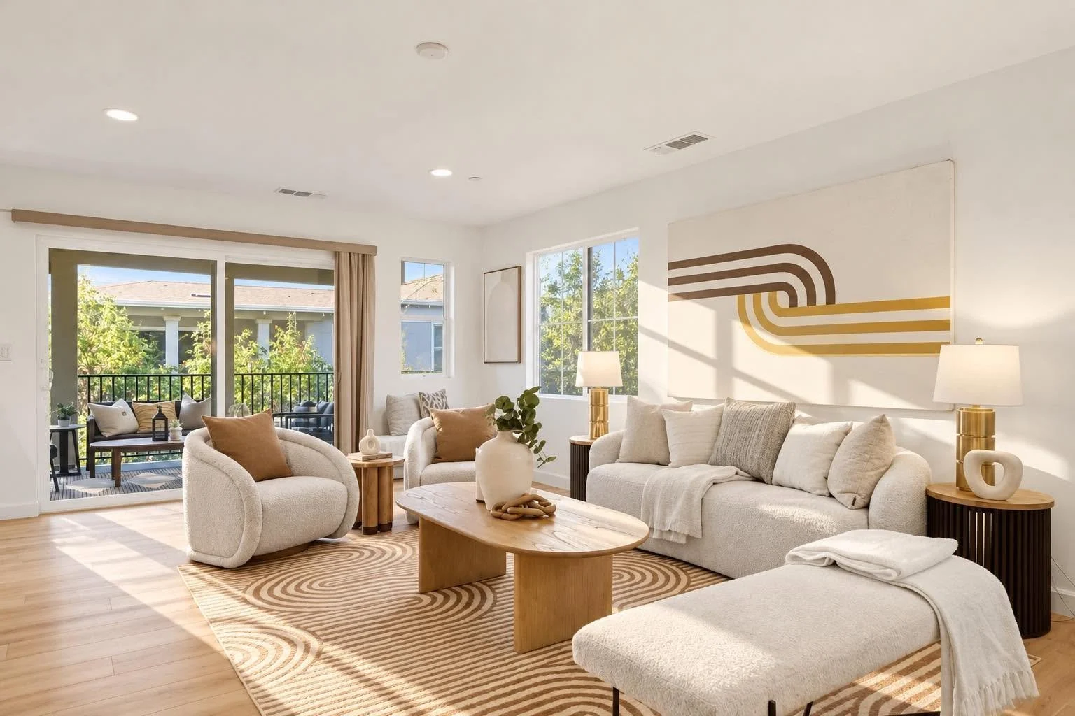 Luxury partial home staging in Bellevue, WA, featuring a bright living room with a cream sectional sofa, sculptural wood coffee table, curved accent chair, and modern neutral decor by White Harmony Design & Staging.