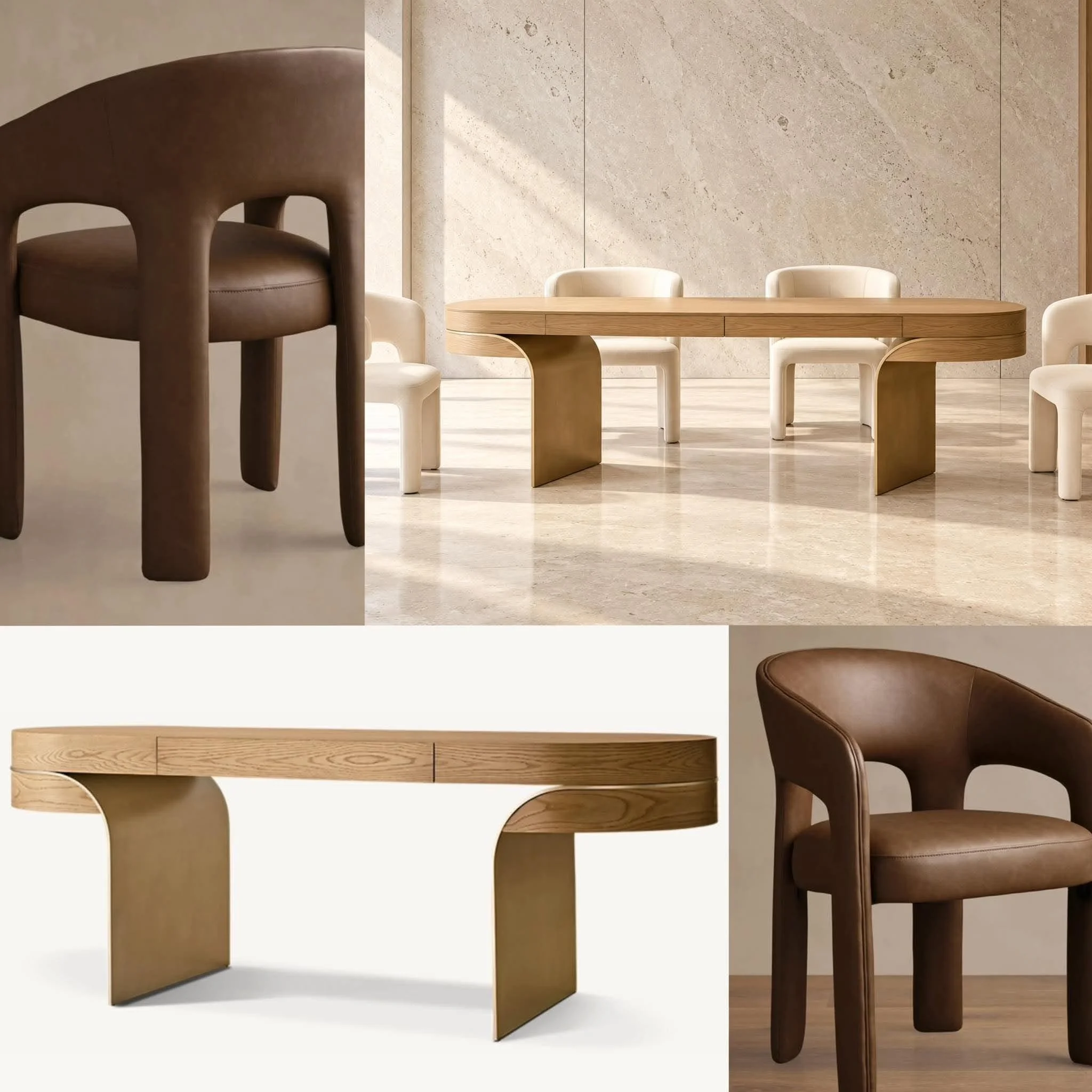 Luxury conference room furniture rental in San Francisco by White Harmony, featuring an oak meeting table, brown leather chairs, and modern stone interior design.