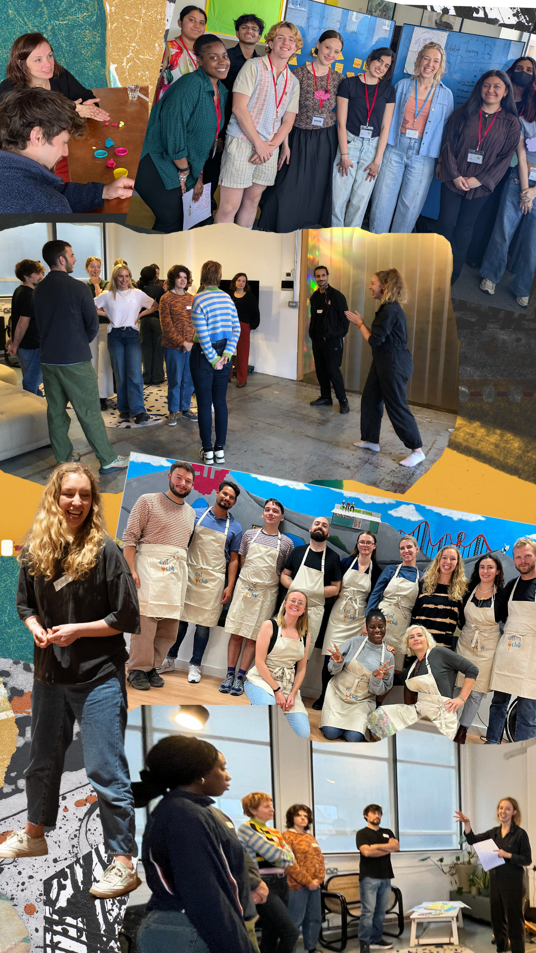 A collage of Tasha facilitating different training sessions, participants are playing drama games, discussion games, working with clay, smiling to camera.