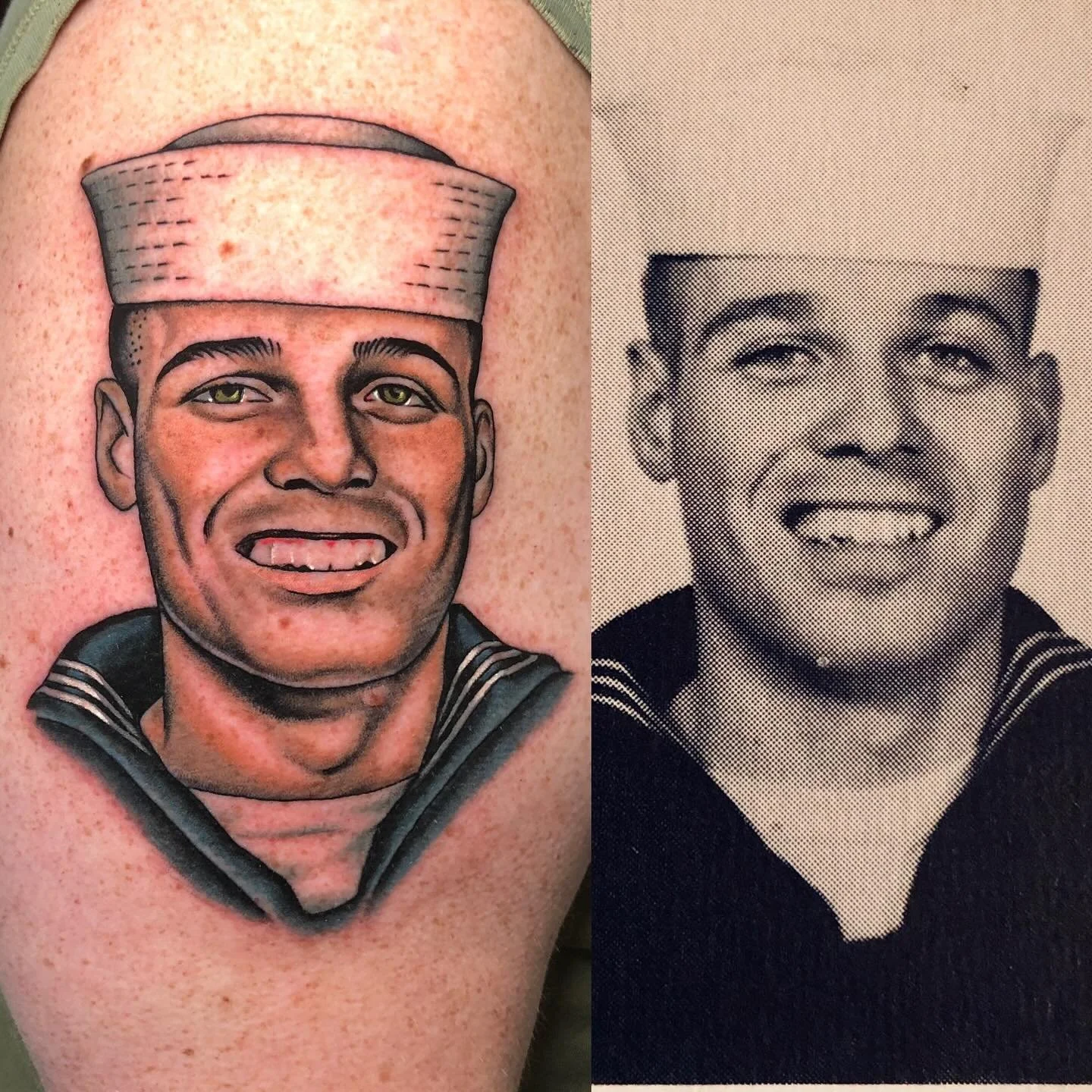 Tattoo of a smiling man in a sailor uniform with a white sailor hat, on skin; next to a black-and-white photo of the same man in sailor attire.