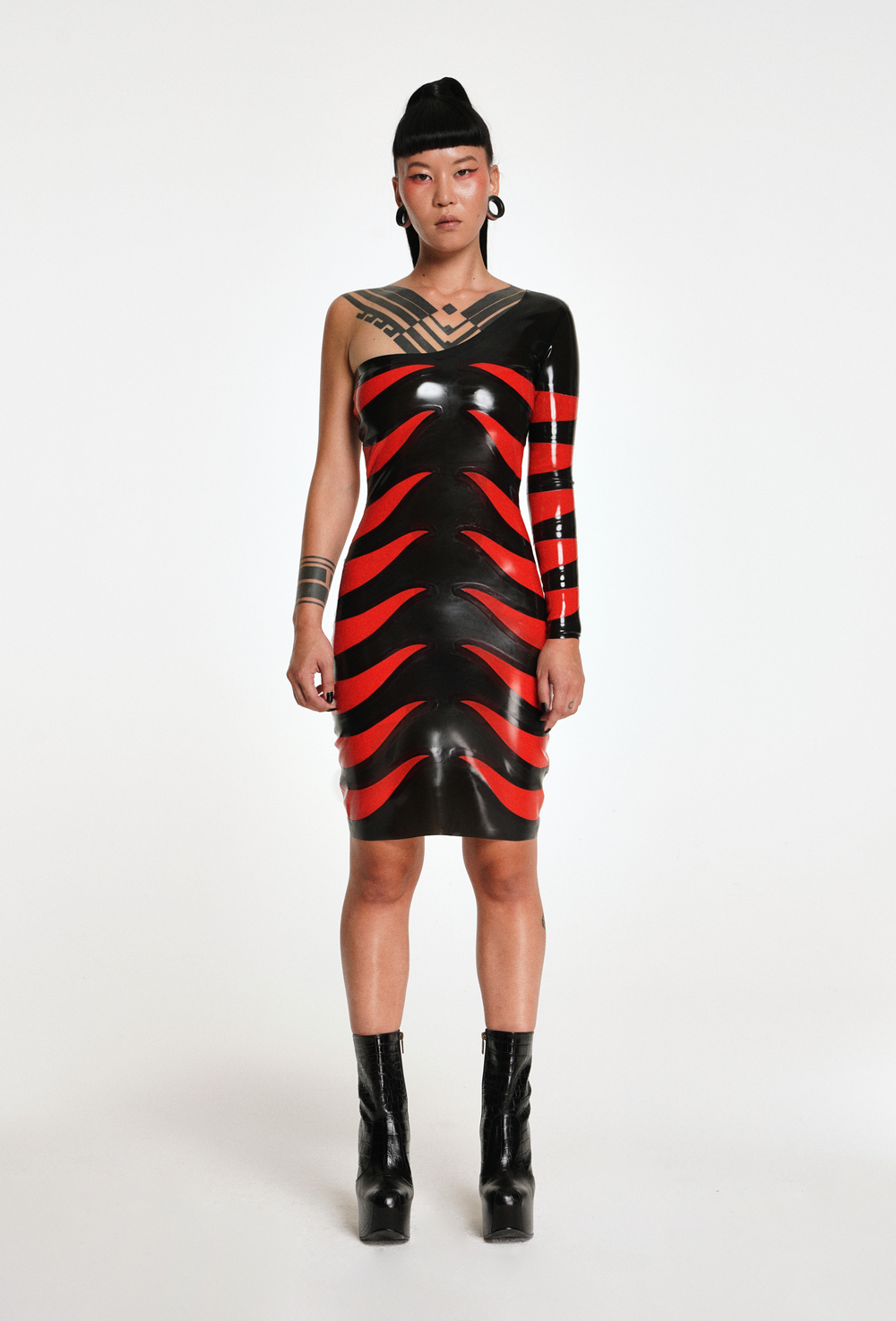 red and black latex dress Latex open bust dress with zipper