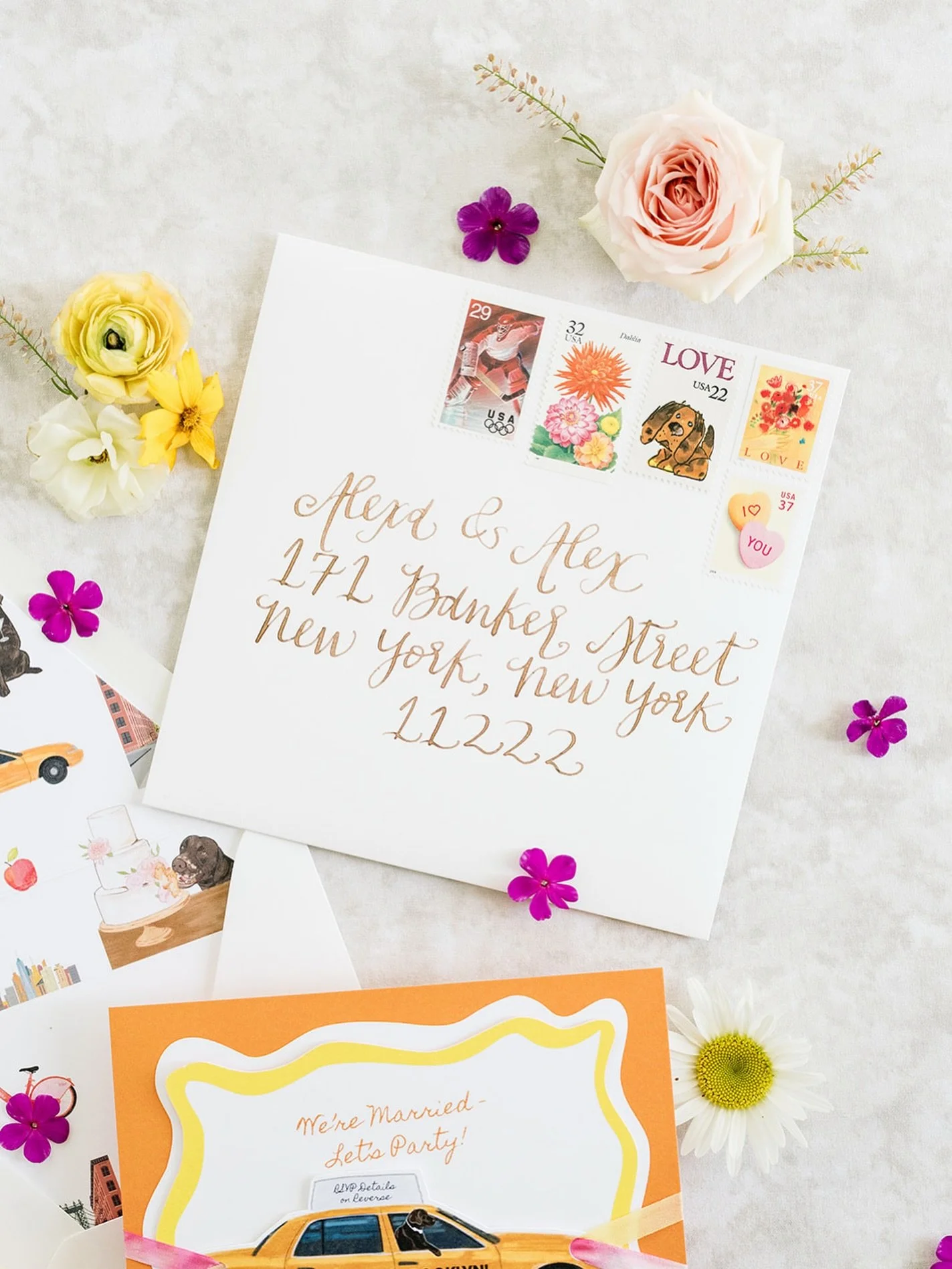 Did you know that every Draw Bridge wedding invites couple receives a keepsake suite with calligraphy and vintage stamps? This adds some dimension to your flat lay shots while also protecting your privacy by using the venue&rsquo;s address! 

I am al