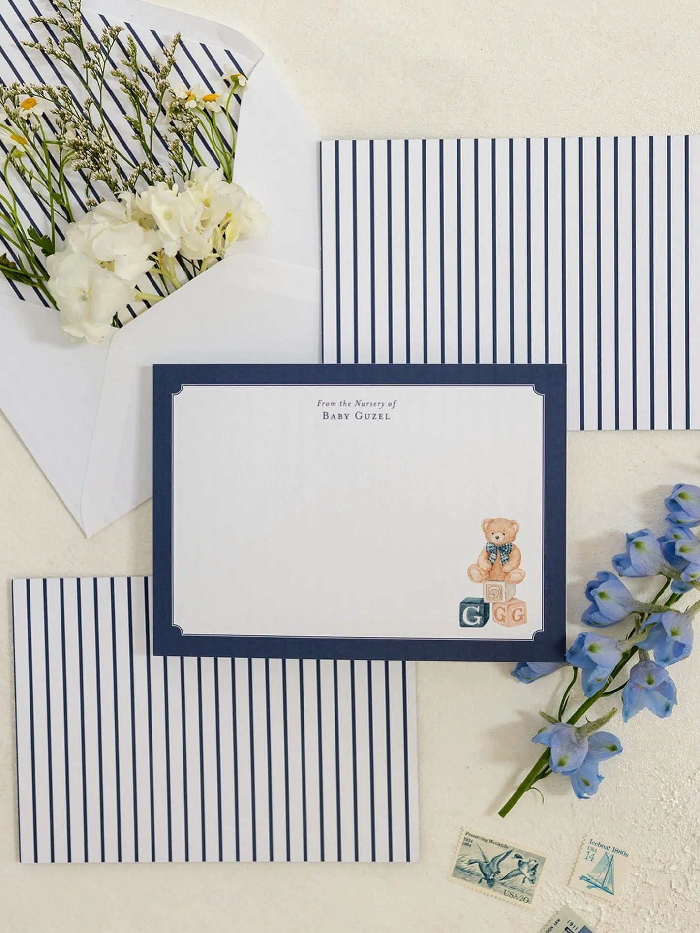🧸 Working on nursery stationery sets this year has been so special. Baby&rsquo;s last name initial is even hidden on the blocks here! 💙

#babystationery #stationeryset #stationeryshop #stationerysets #personalizedstationery