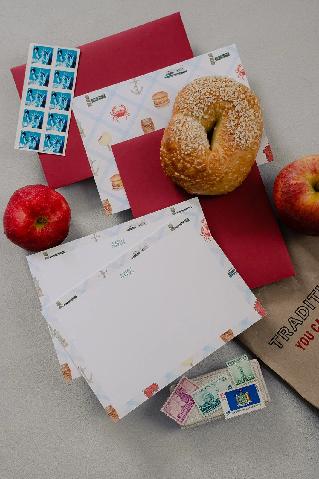 New York City stationery with landmarks like Steve's Key Lime Pie, Red Hook Tavern burger, the Statue of Liberty, NYC Ferry, and Brooklyn crab.