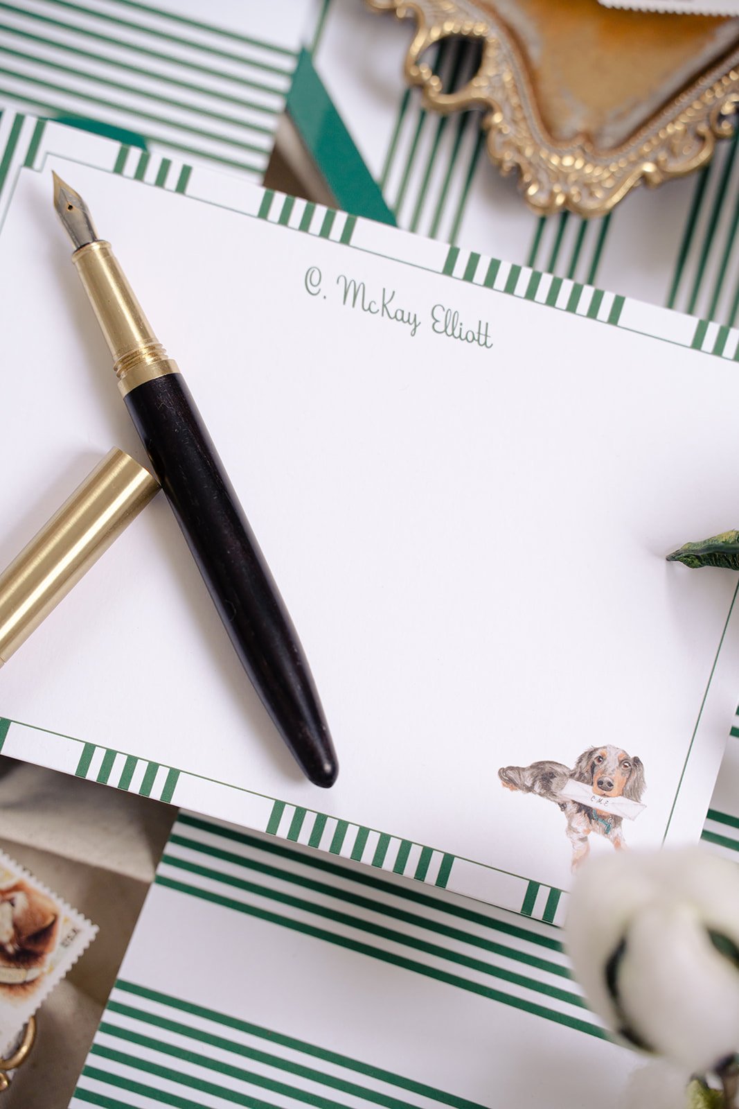 Dachshund stationery with green stripes.