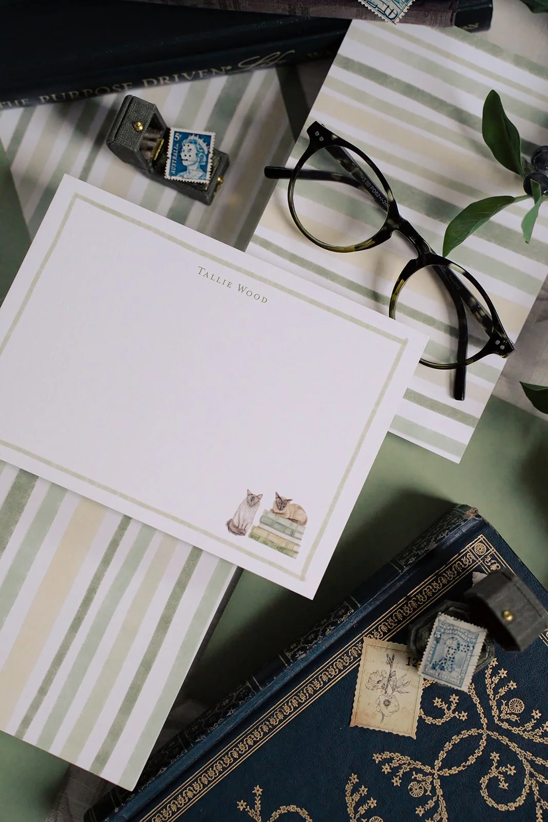 Cat stationery with watercolors of books and stripes.
