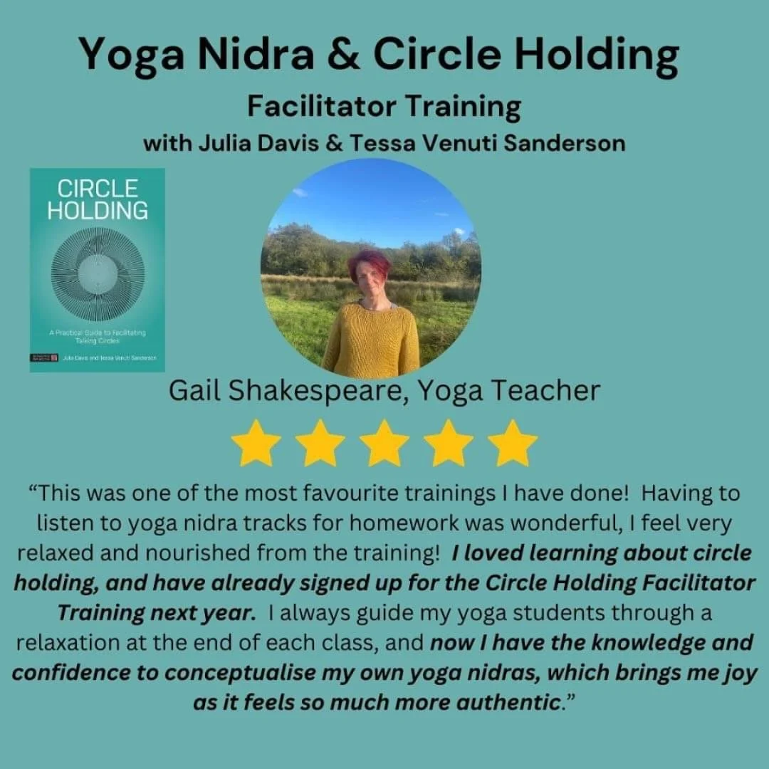 Poster for Yoga Nidra and Circle Holding Facilitator Training with testimonial by Gail Shakespeare, with five yellow stars and the Circle Holding book cover.