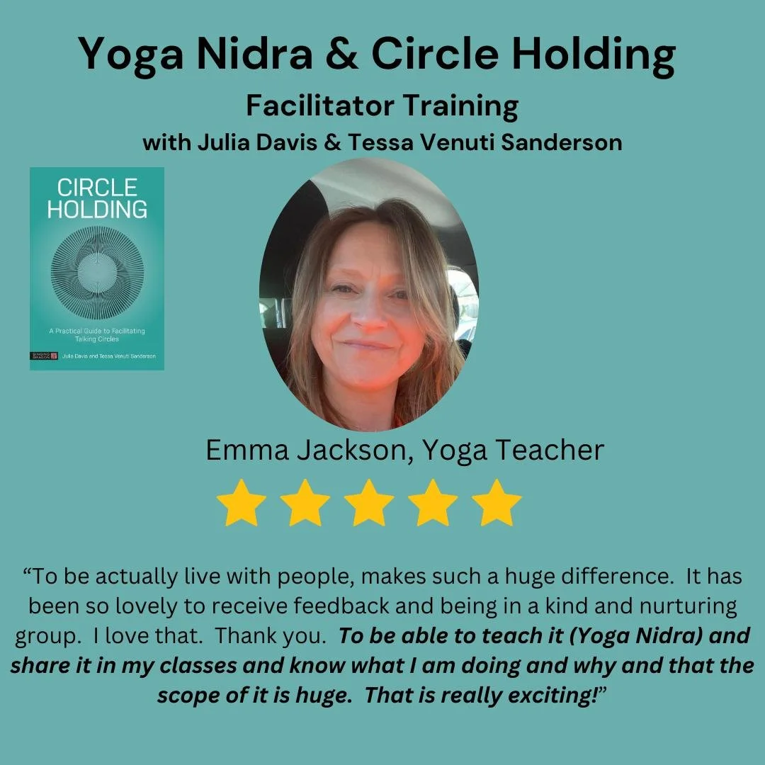 Promotional poster for Yoga Nidra and Circle Holding Facilitator Training, featuring a photo of Emma Jackson, a yoga teacher, along with a testimonial, 5 yellow stars and a book cover titled 'Circle Holding' by Julia Davis and Tessa Venuti Sanderson.