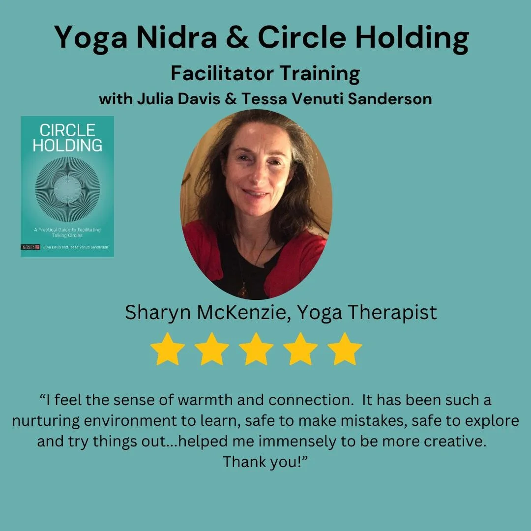 Flyer for Yoga Nidra and Circle Holding Facilitator Training with a positive testimonial by Sharyn McKenzie, a five-star rating, and an image of a book titled "Circle Holding".